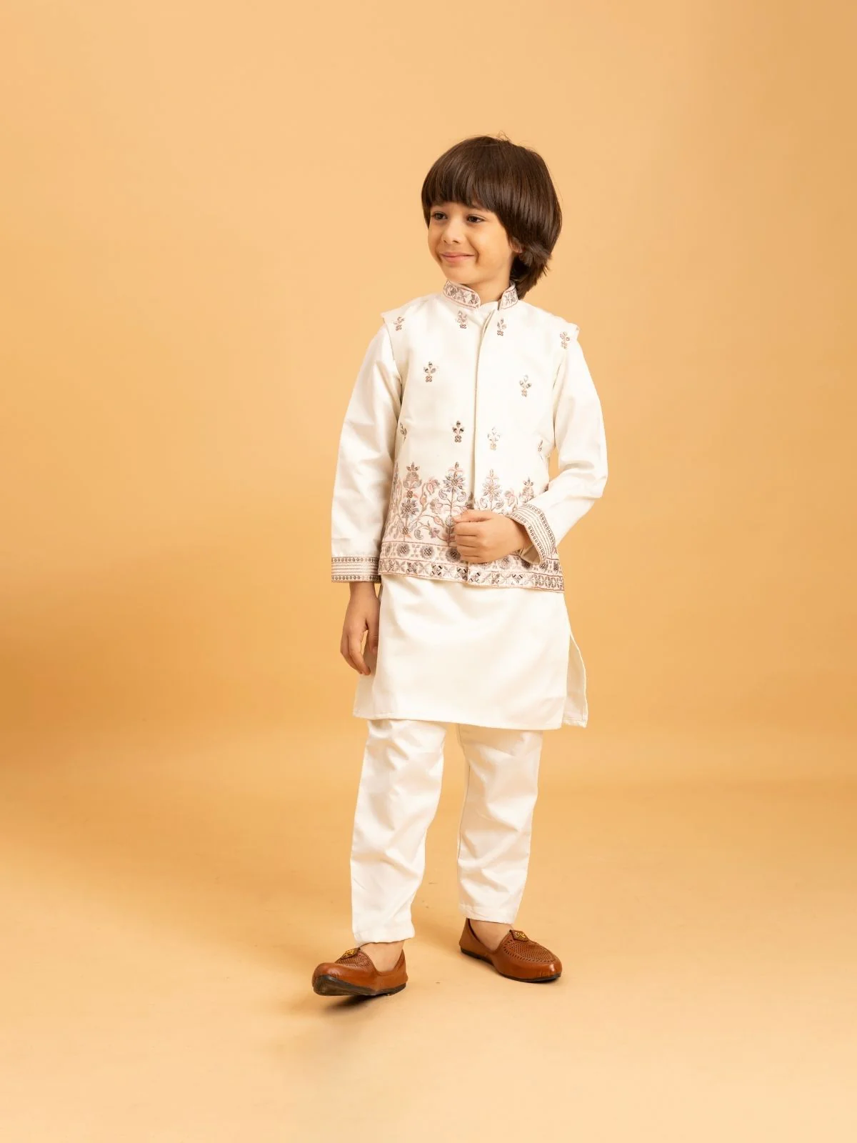 Odette White Satin Embellished Stitched Kurta Set For Kids
