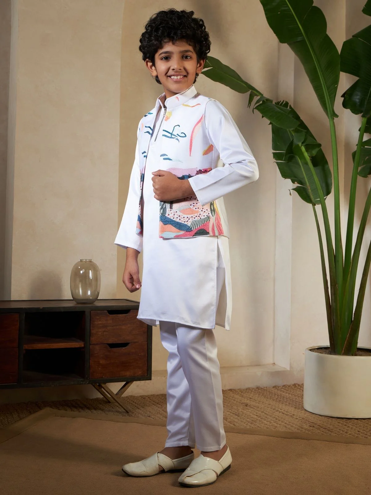 Odette White Satin Embellished Stitched Kurta Set For Kids - Image 3
