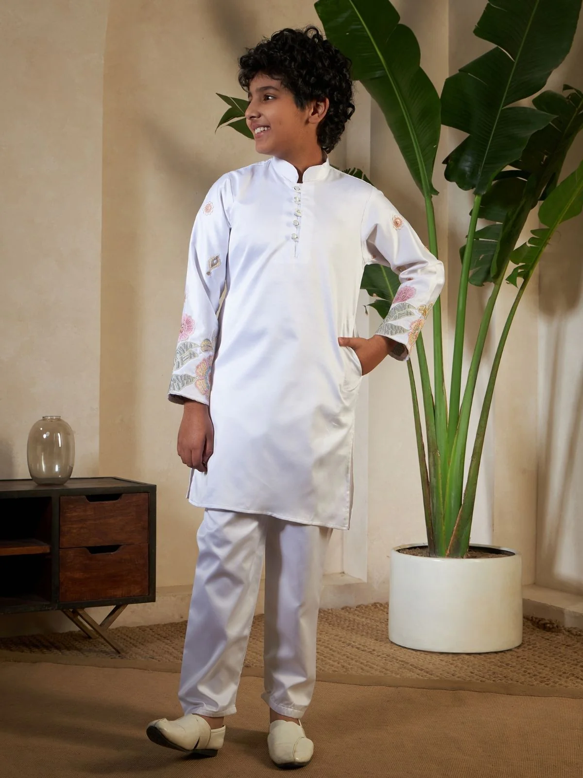 Odette White Satin Embellished Stitched Kurta Set For Kids - Image 4