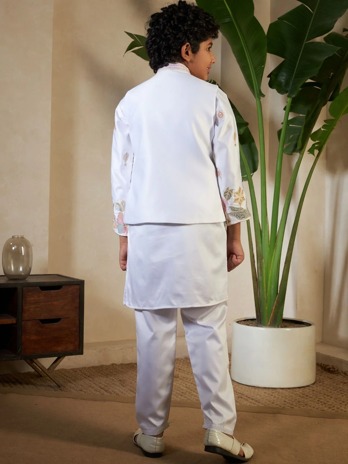 Odette White Satin Embellished Stitched Kurta Set For Kids - Image 5