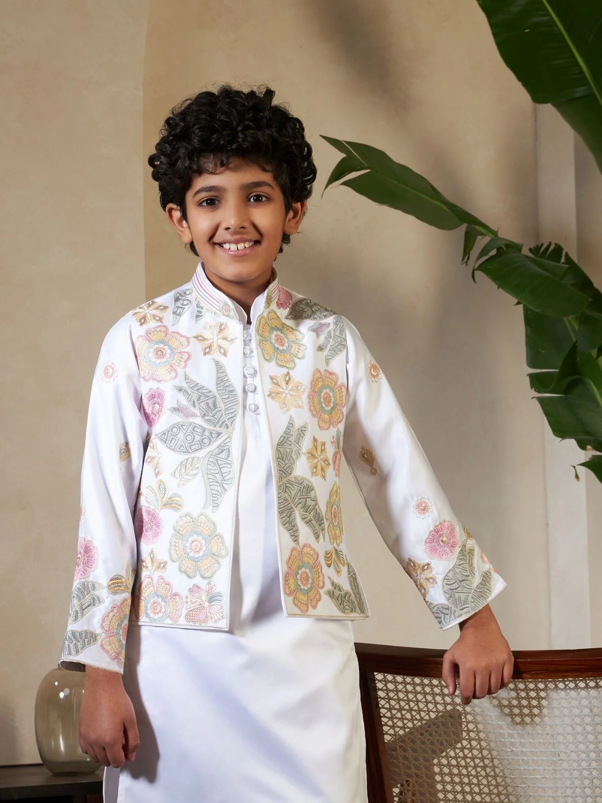 Odette White Satin Embellished Stitched Kurta Set For Kids - Image 6