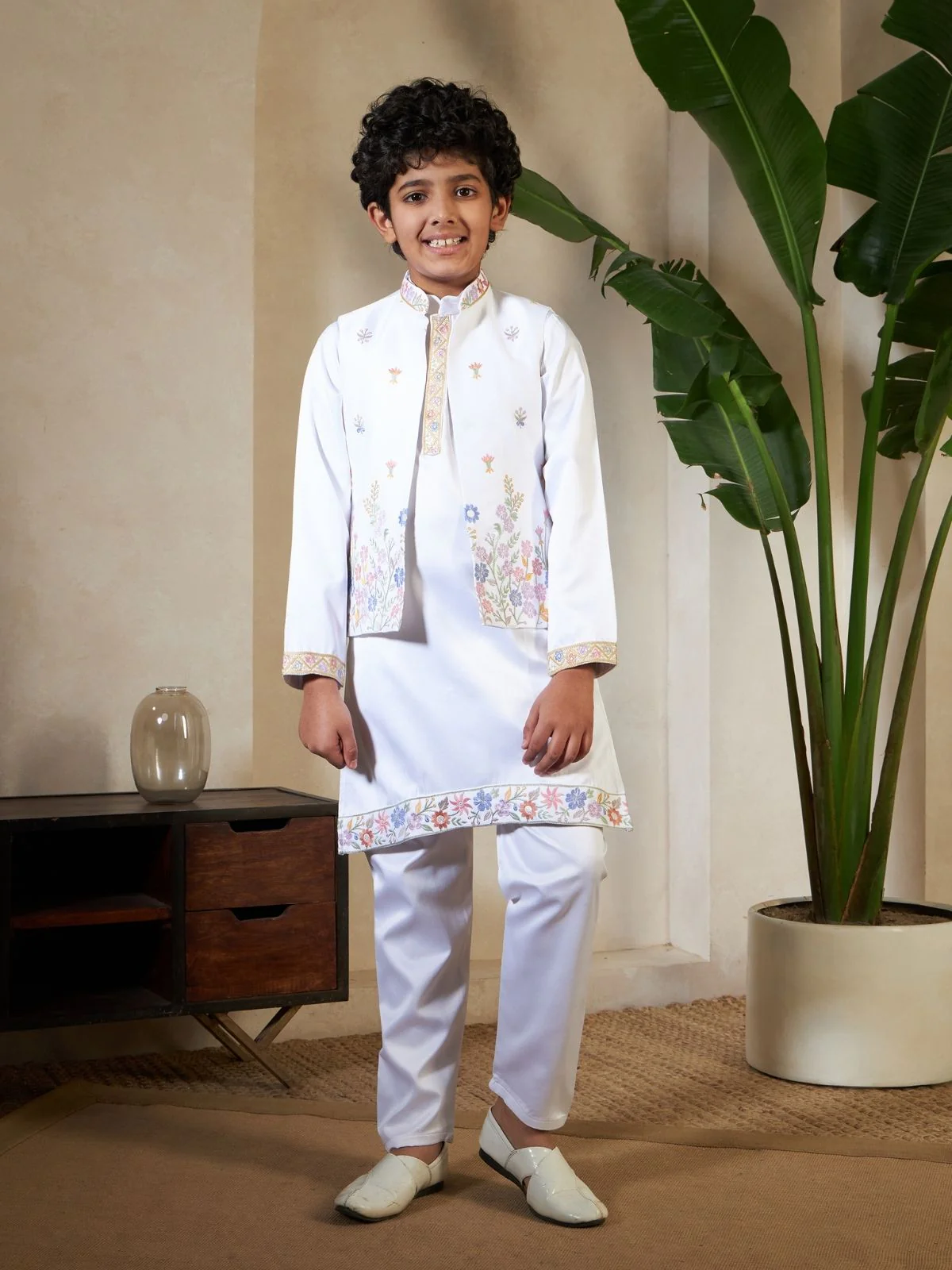 Odette White Satin Embellished Stitched Kurta Set For Kids