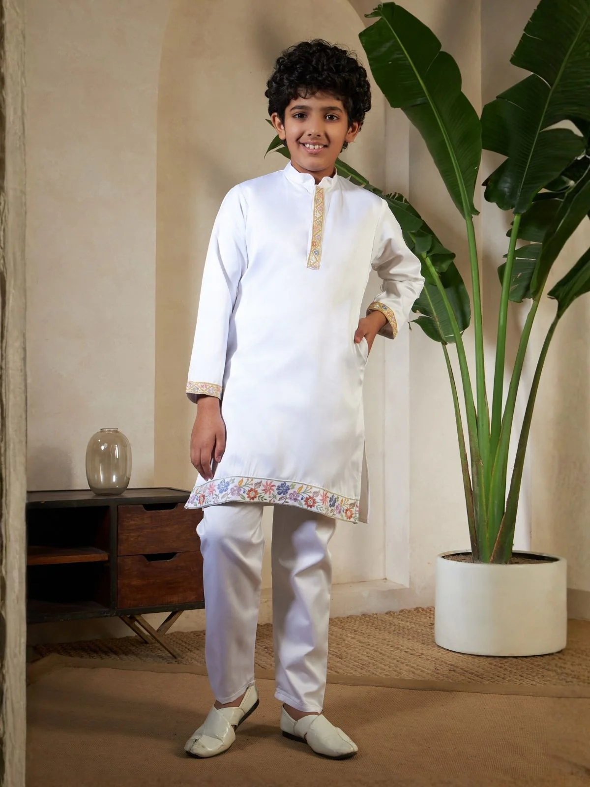 Odette White Satin Embellished Stitched Kurta Set For Kids - Image 4