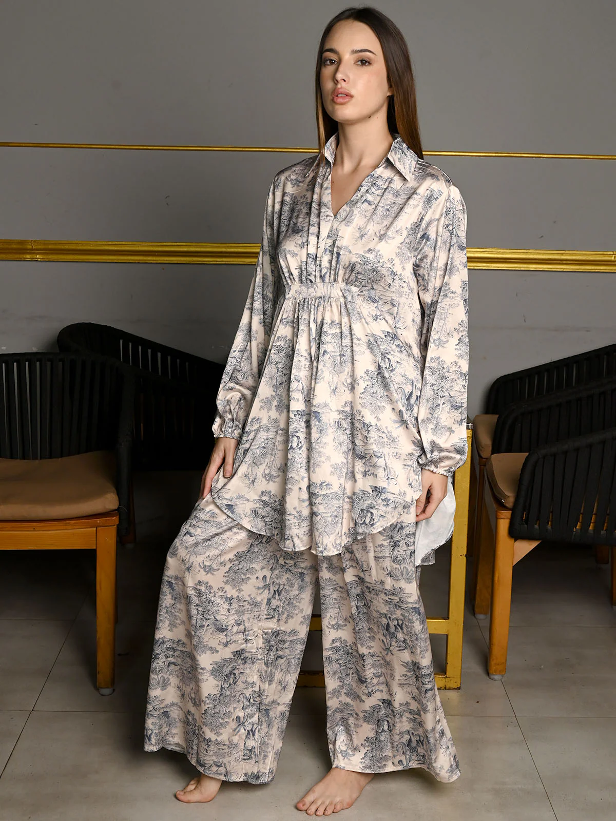 Odette White Satin Printed Co- Ord Set For Women - Image 2