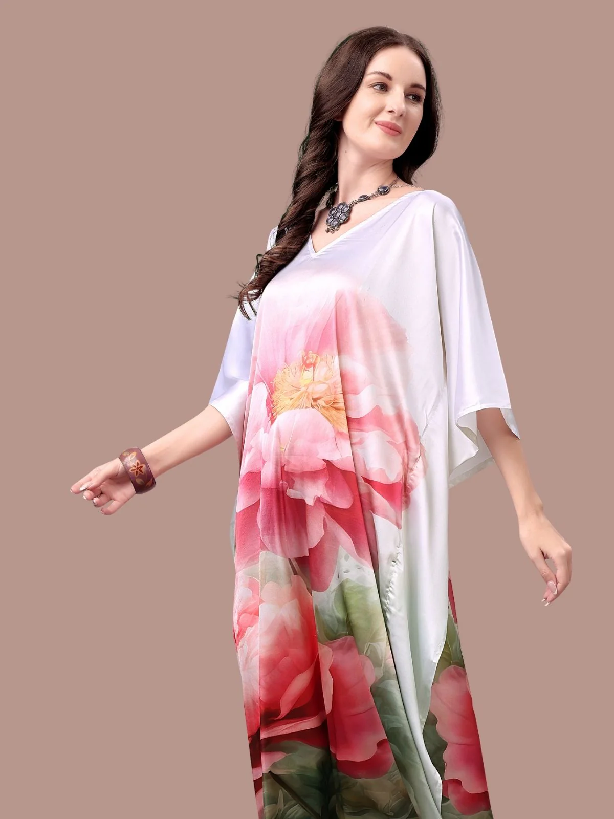 Odette White Satin Printed Kaftan For Women - Image 4