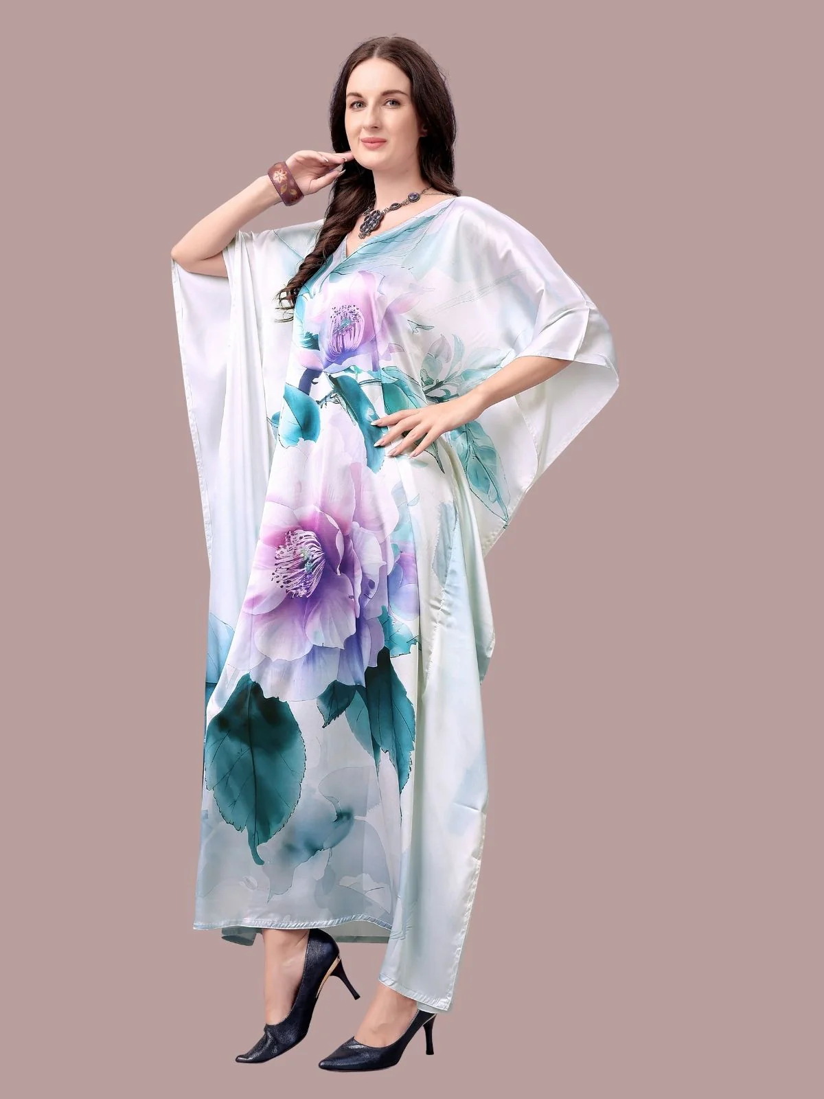 Odette White Satin Printed Kaftan For Women - Image 2