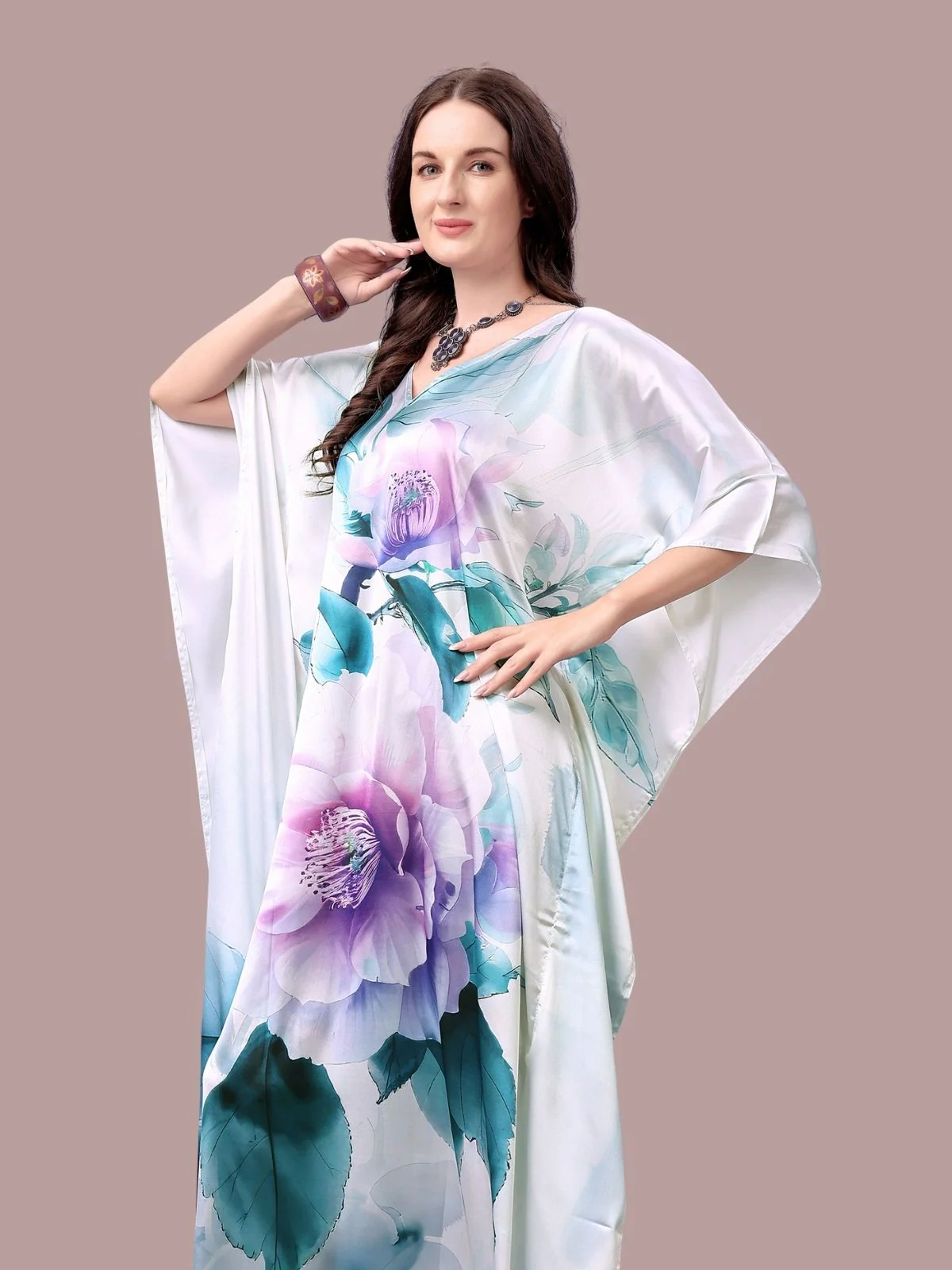 Odette White Satin Printed Kaftan For Women - Image 4