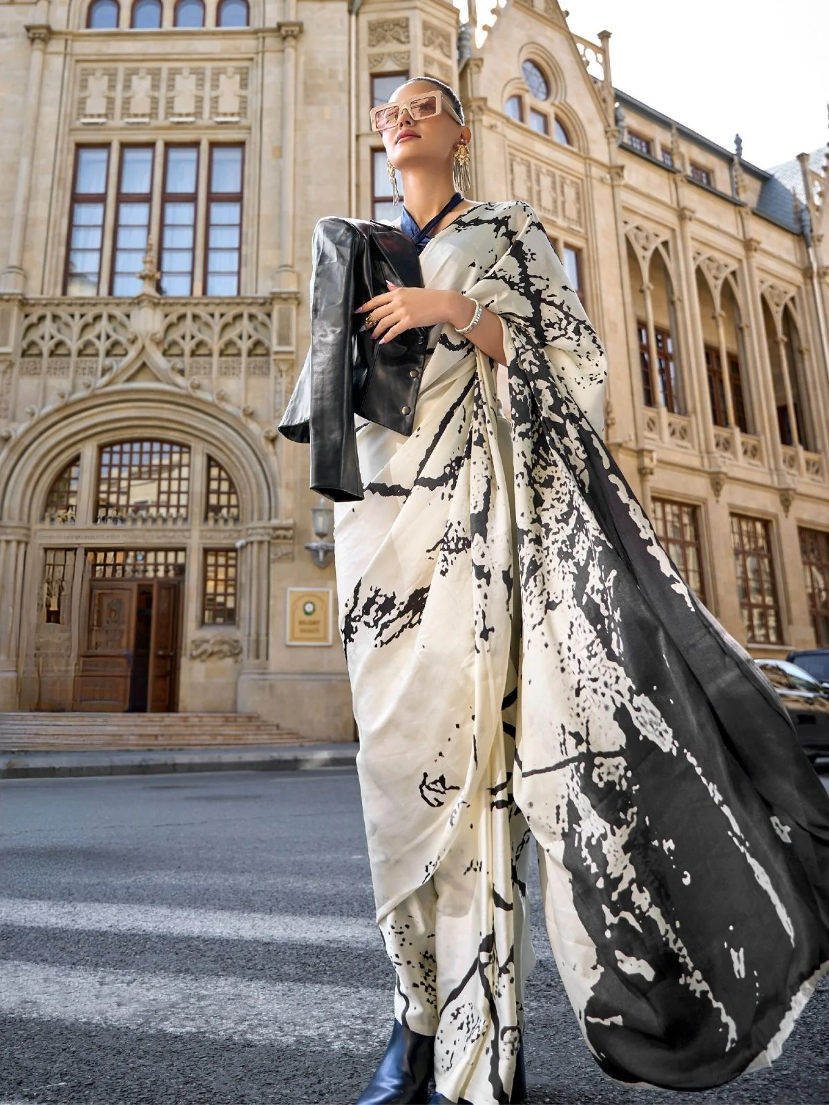 Odette White Satin Printed Saree With Unstitched Blouse For Women - Image 2