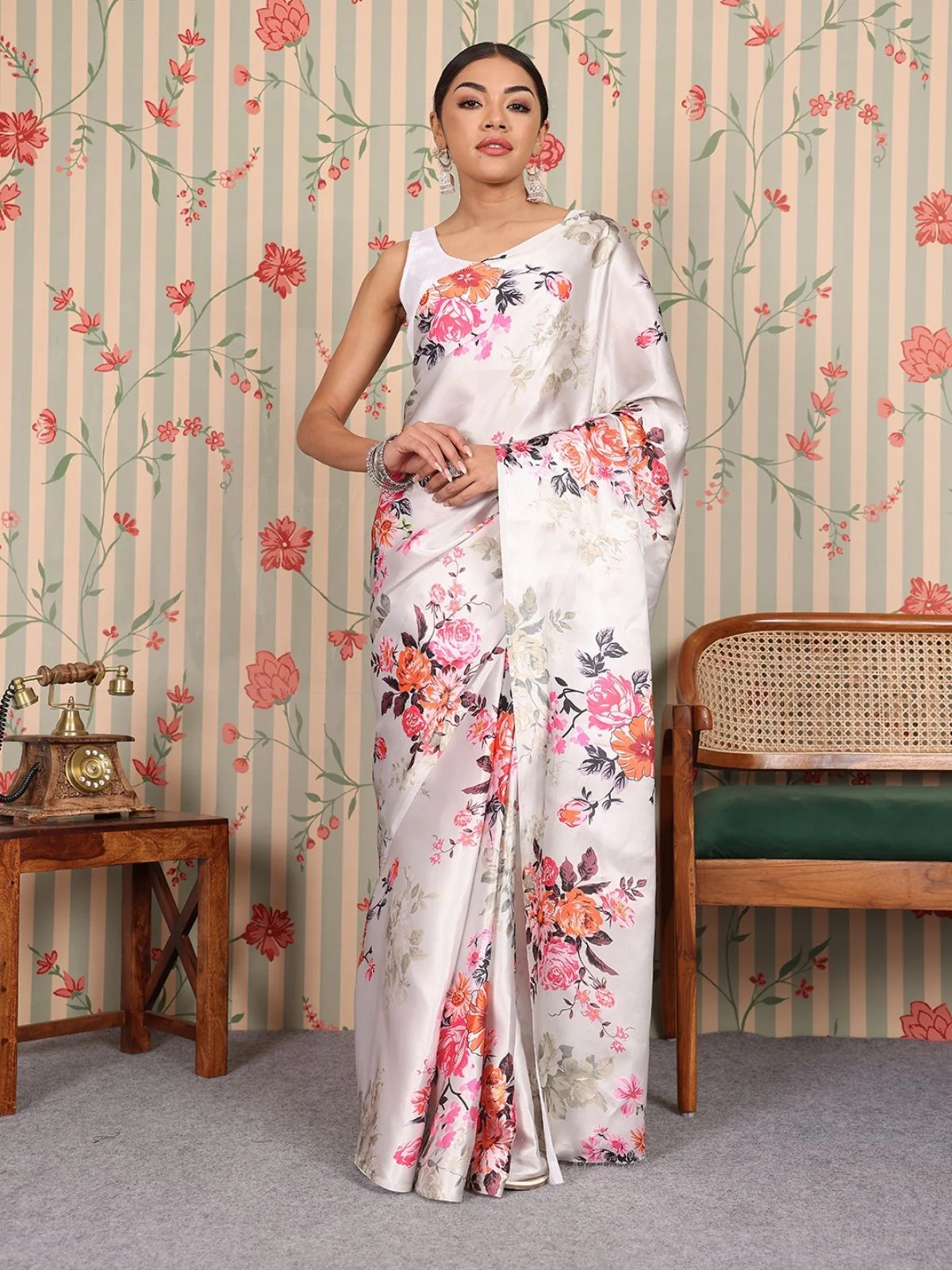 Odette White Satin Printed Saree With Unstitched Blouse For Women