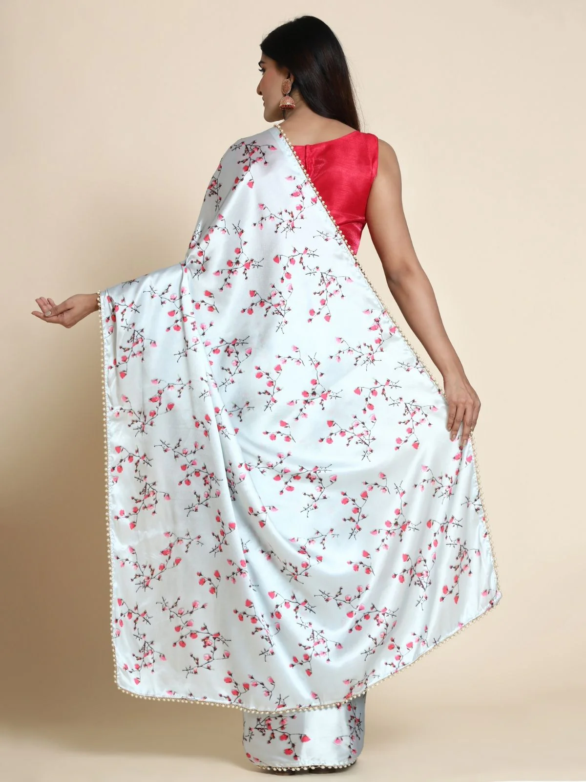 Odette White Satin Printed Saree With Unstitched Blouse For Women - Image 4