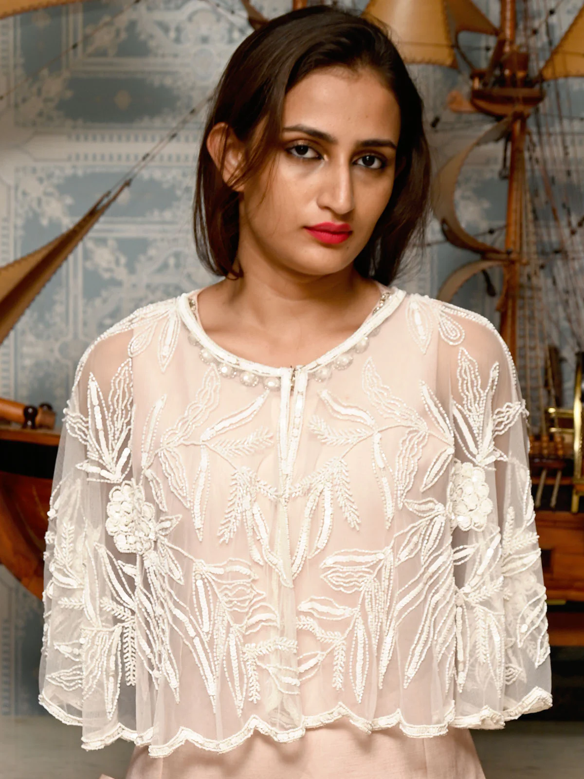 Odette White Sequins And Beads Net Cape for Women