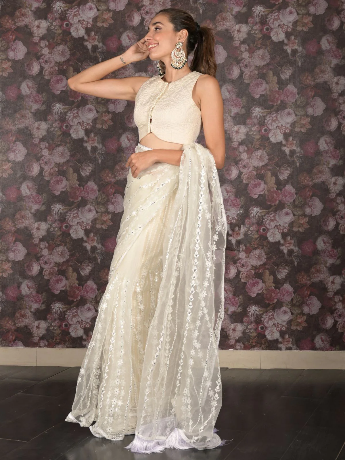 Odette White Sequins Embroidered Net Saree with Unstitched Blouse for Women - Image 3
