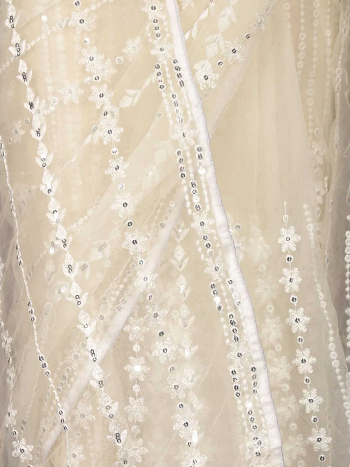 Odette White Sequins Embroidered Net Saree with Unstitched Blouse for Women - Image 5