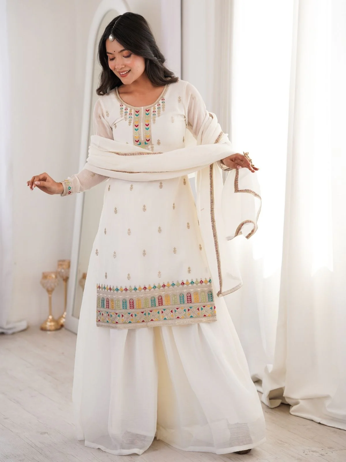 Odette White Silk Blend Embellished Kurta Set For Women - Image 2