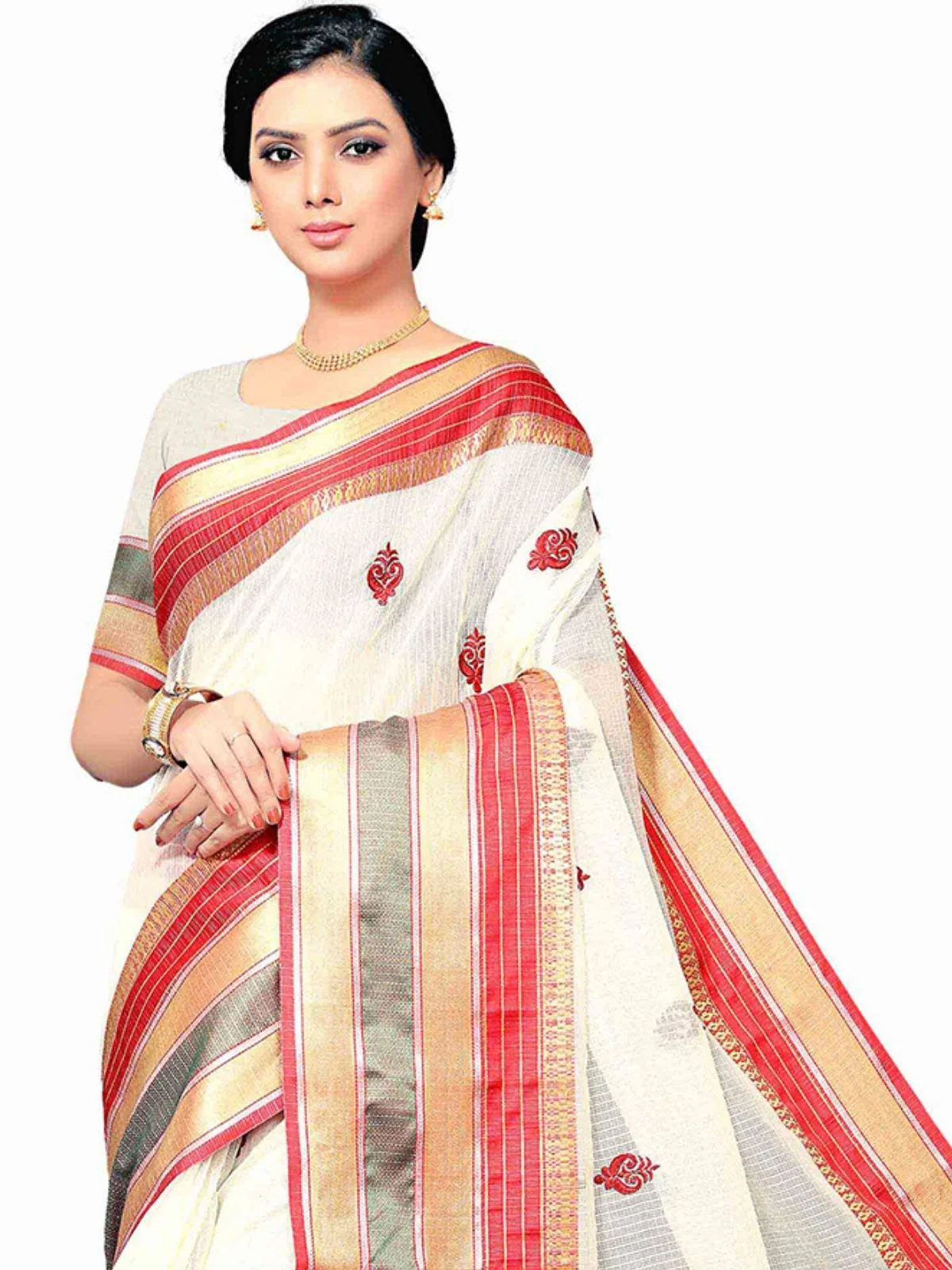 Odette White Silk Blend Embellished Saree For Women - Image 4