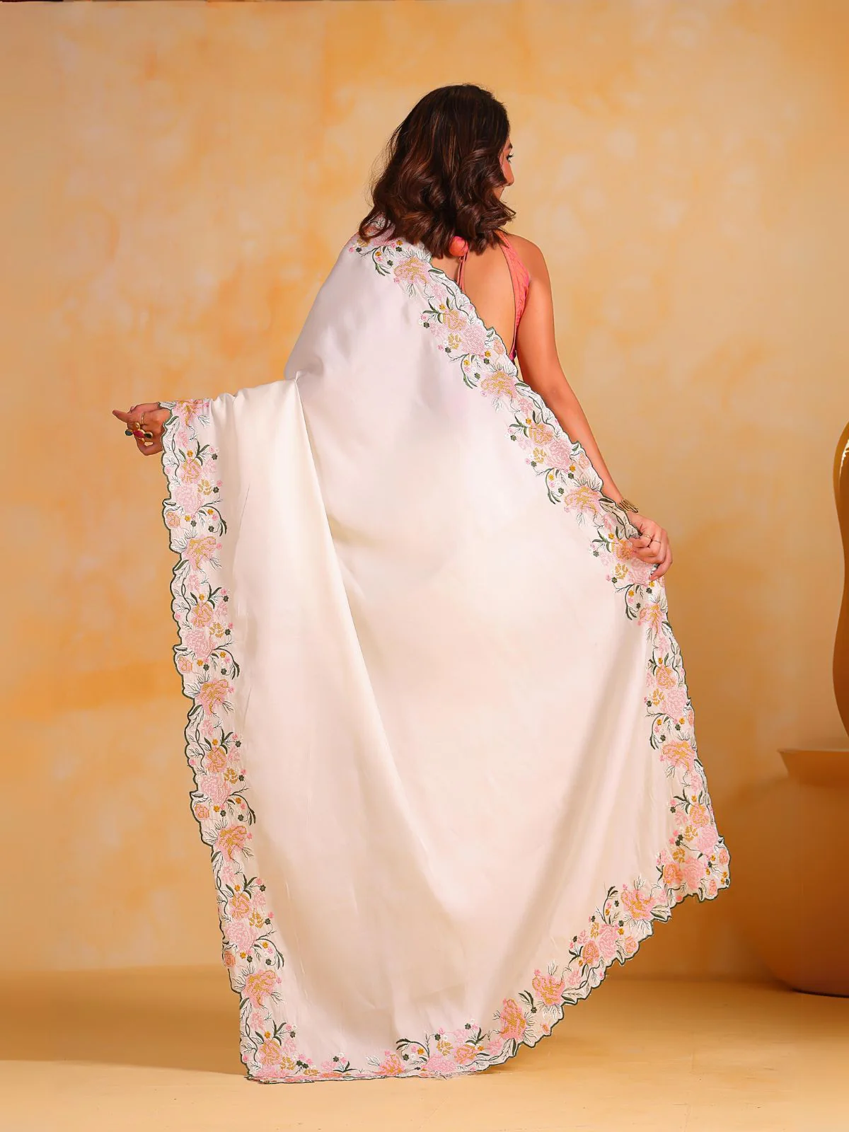 Odette White Silk Blend Embroidered Saree With Unstitched Blouse For Women - Image 4