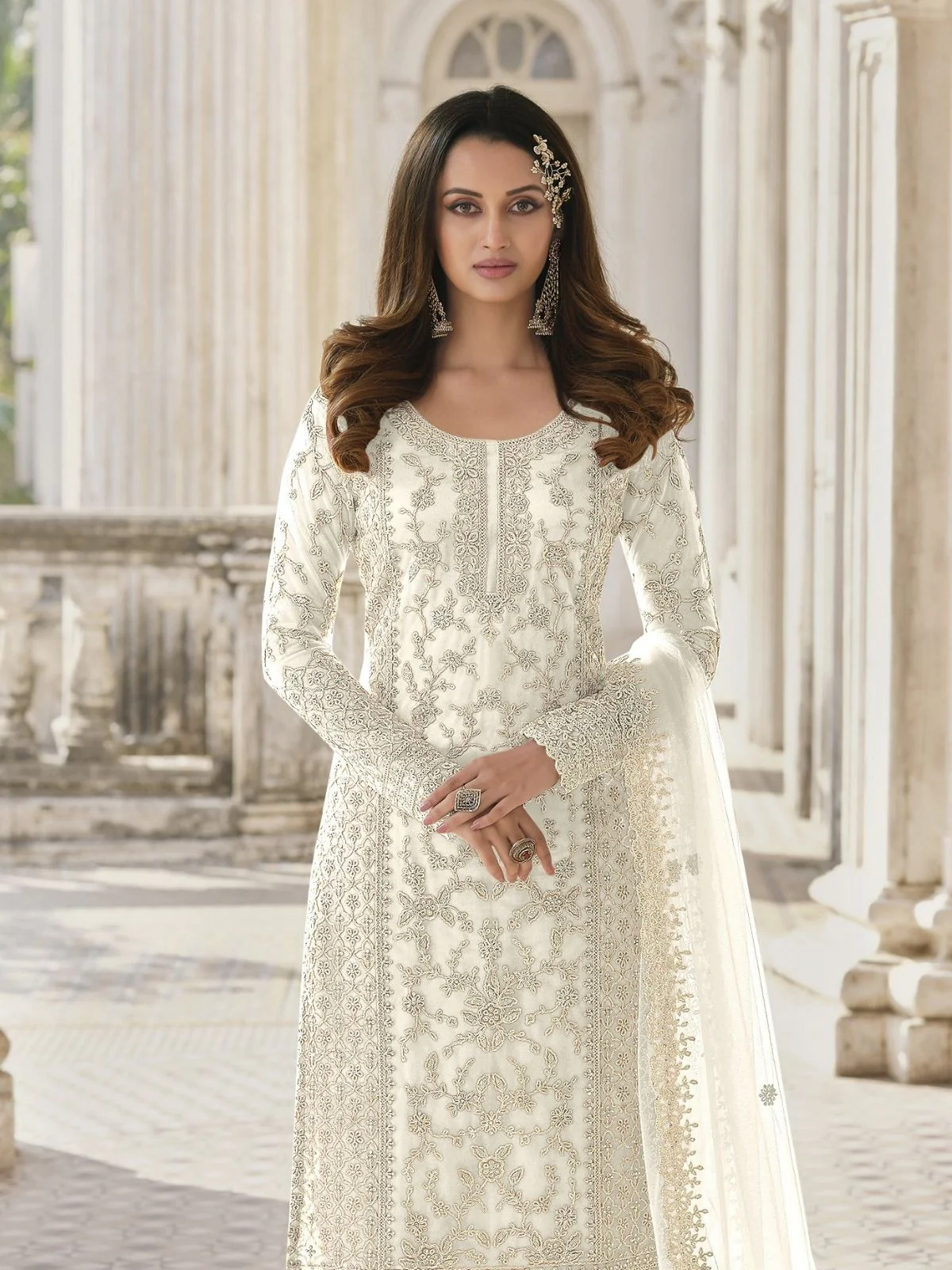 Odette White Silk Blend Embroidered Semi Stitched Kurta Set For Women - Image 2