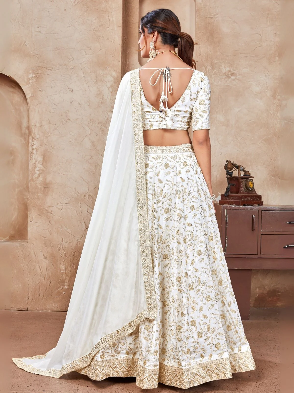 Odette White Silk Blend Embroidered Semi-Stitched Lehenga For Women - Image 2
