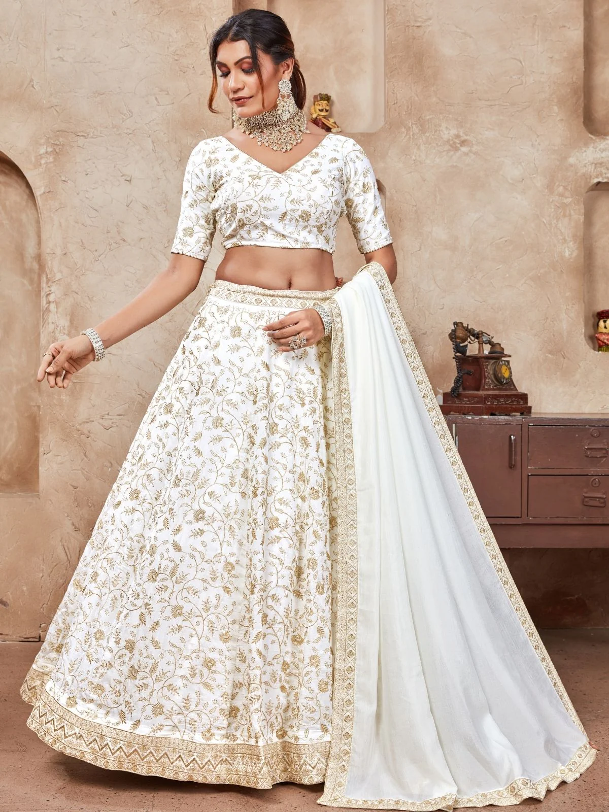 Odette White Silk Blend Embroidered Semi-Stitched Lehenga For Women - Image 3