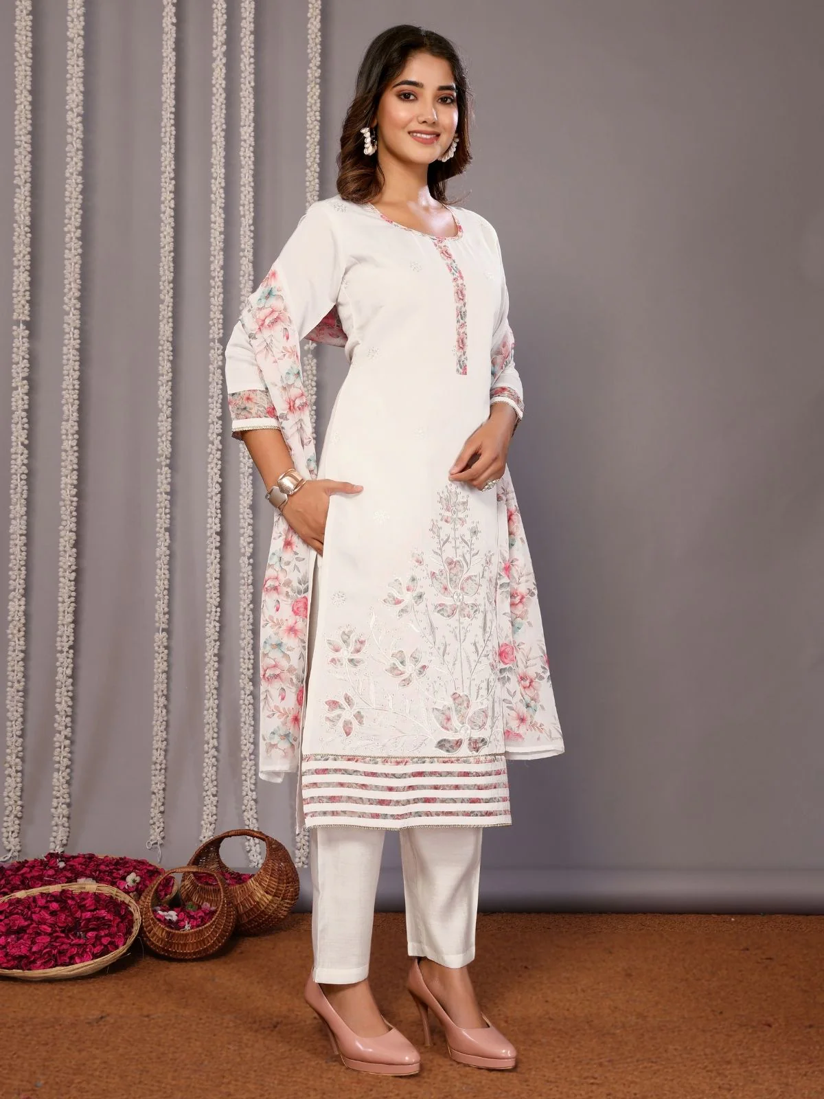 Odette White Silk Blend Embroidered Stiched Kurta Set For Women - Image 2