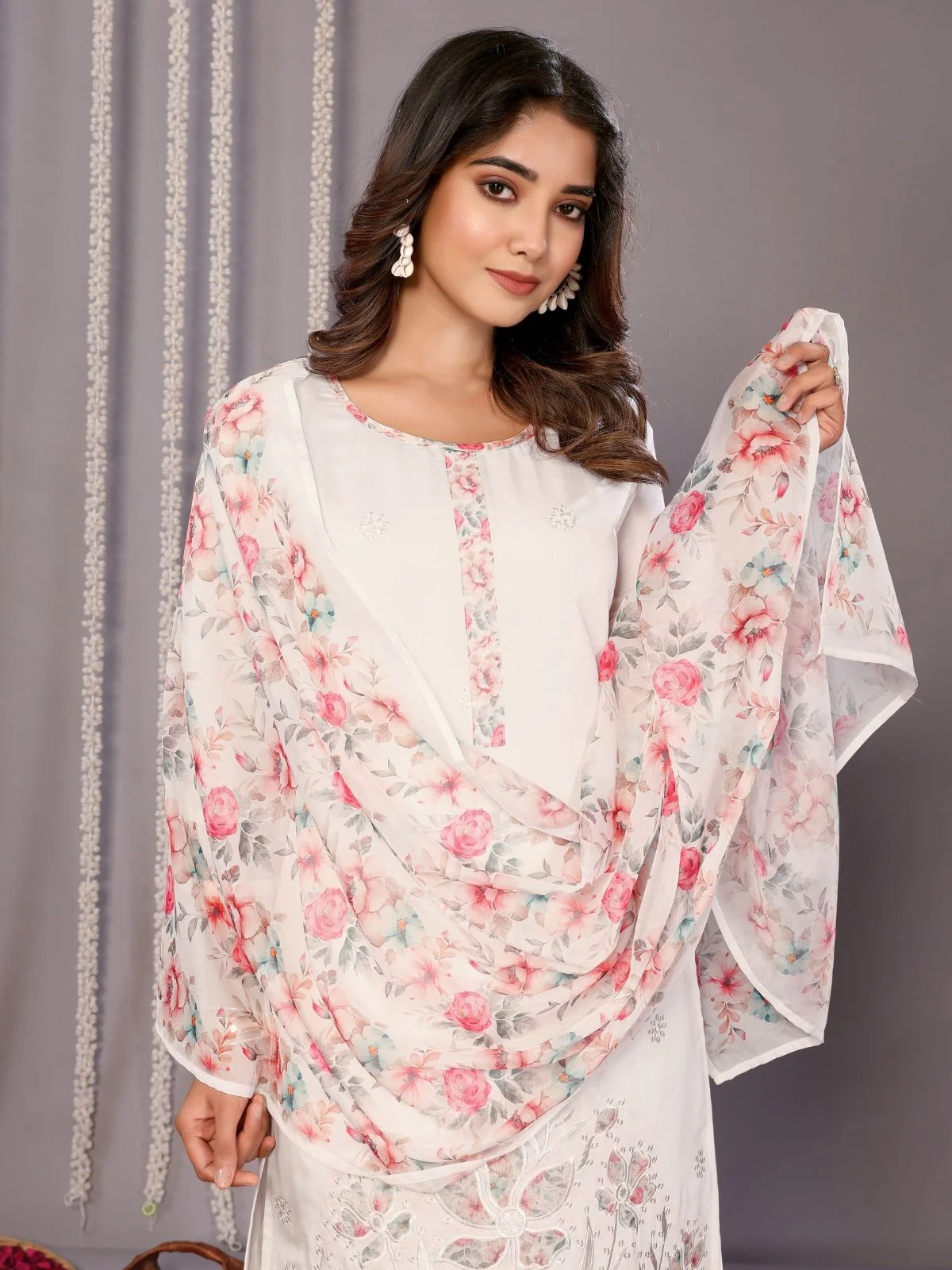 Odette White Silk Blend Embroidered Stiched Kurta Set For Women - Image 4