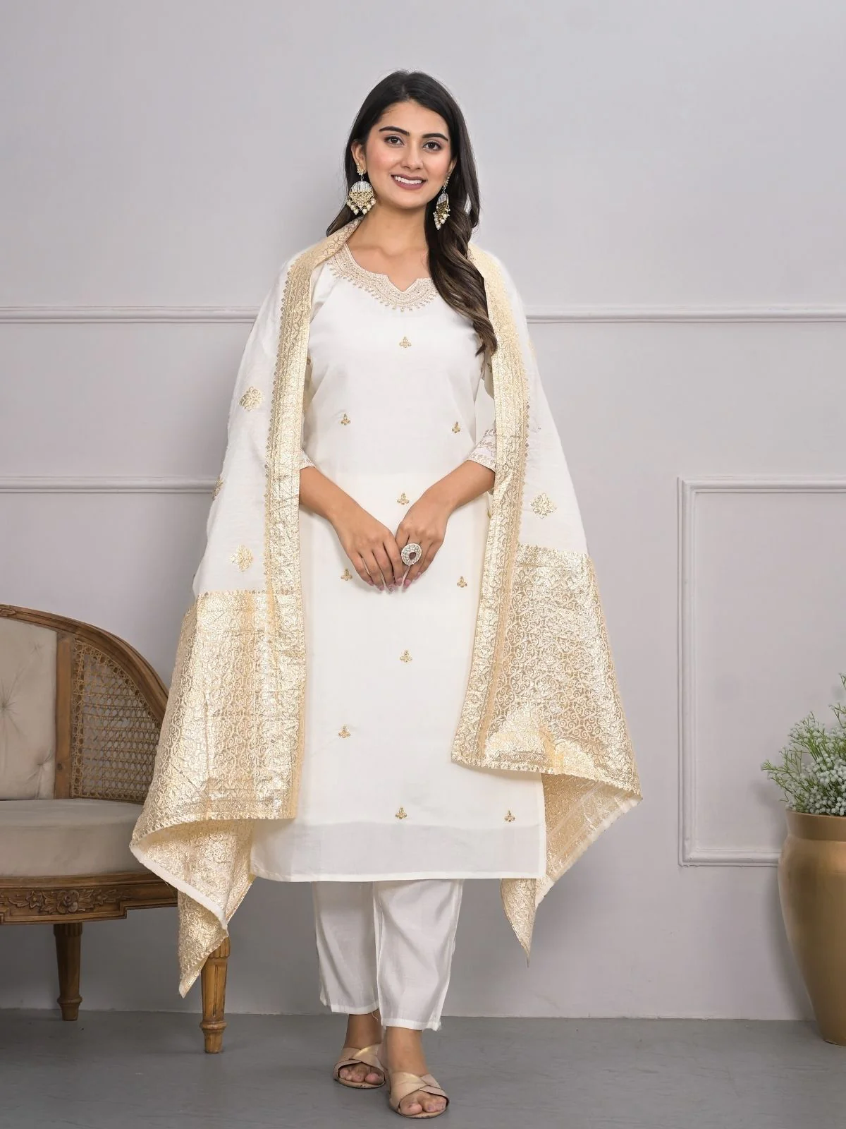 Odette White Silk Blend Embroidered Stitched Kurta Set For Women - Image 2