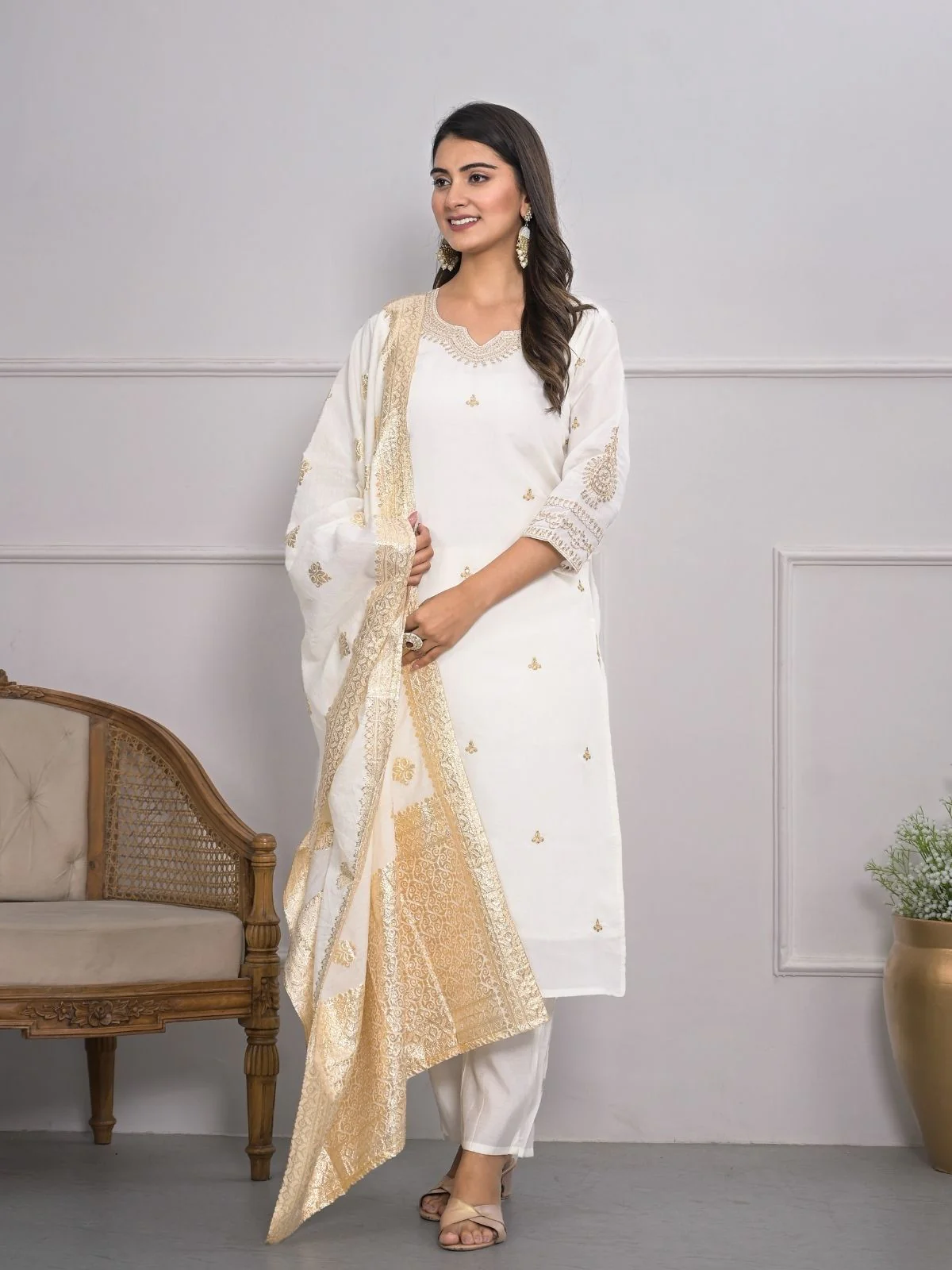 Odette White Silk Blend Embroidered Stitched Kurta Set For Women - Image 3