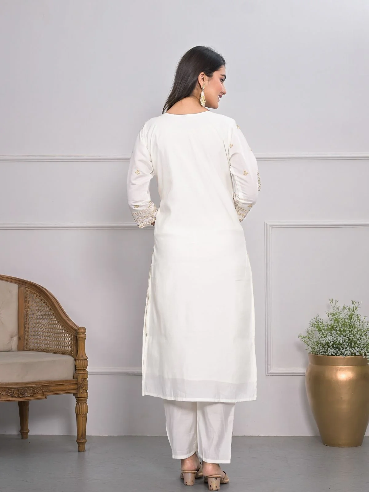 Odette White Silk Blend Embroidered Stitched Kurta Set For Women - Image 5