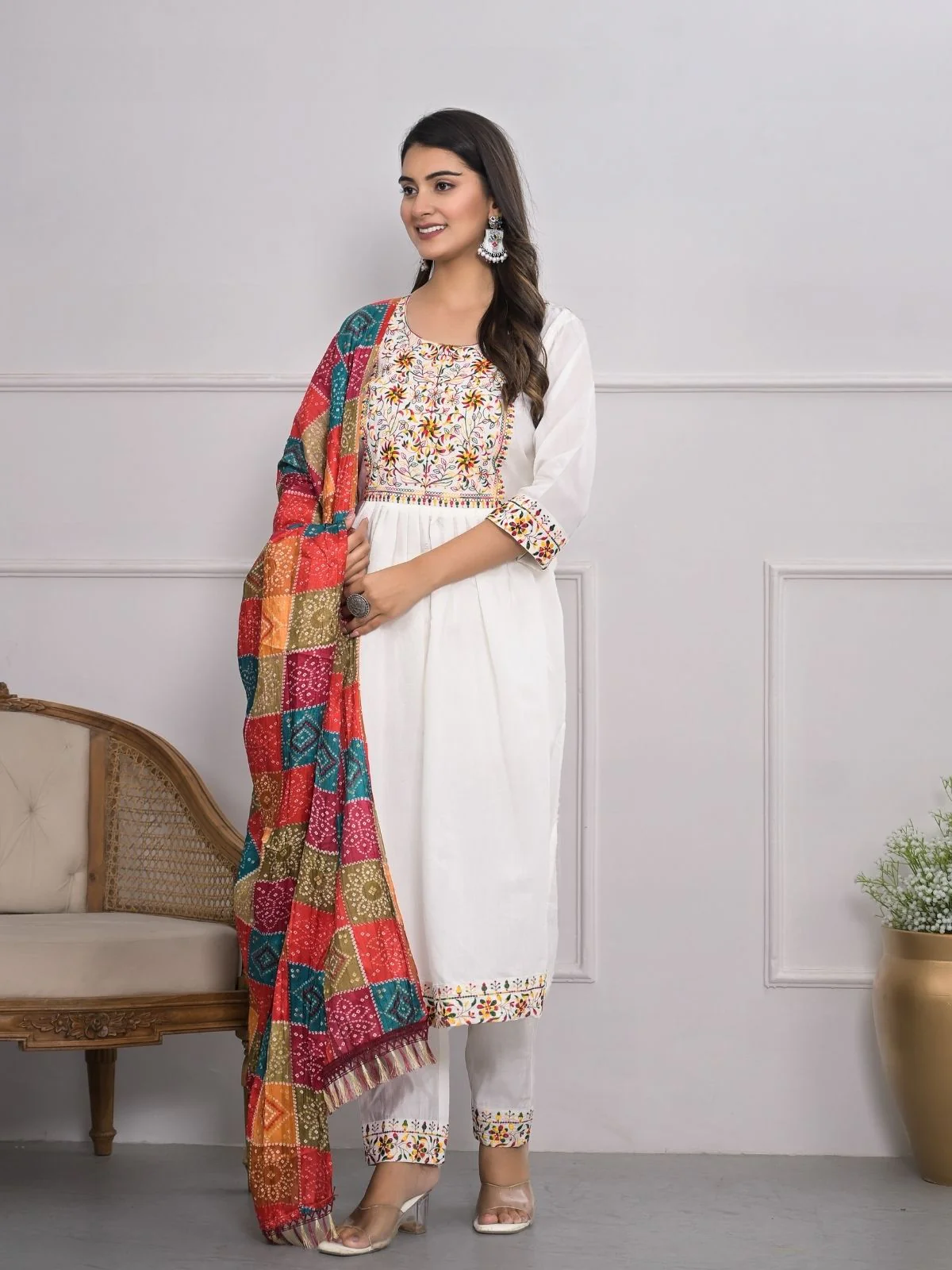 Odette White Silk Blend Embroidered Stitched Kurta Set For Women - Image 3