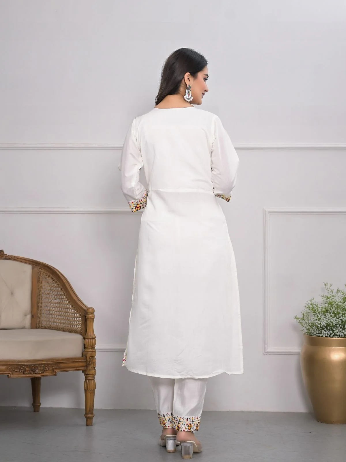 Odette White Silk Blend Embroidered Stitched Kurta Set For Women - Image 5
