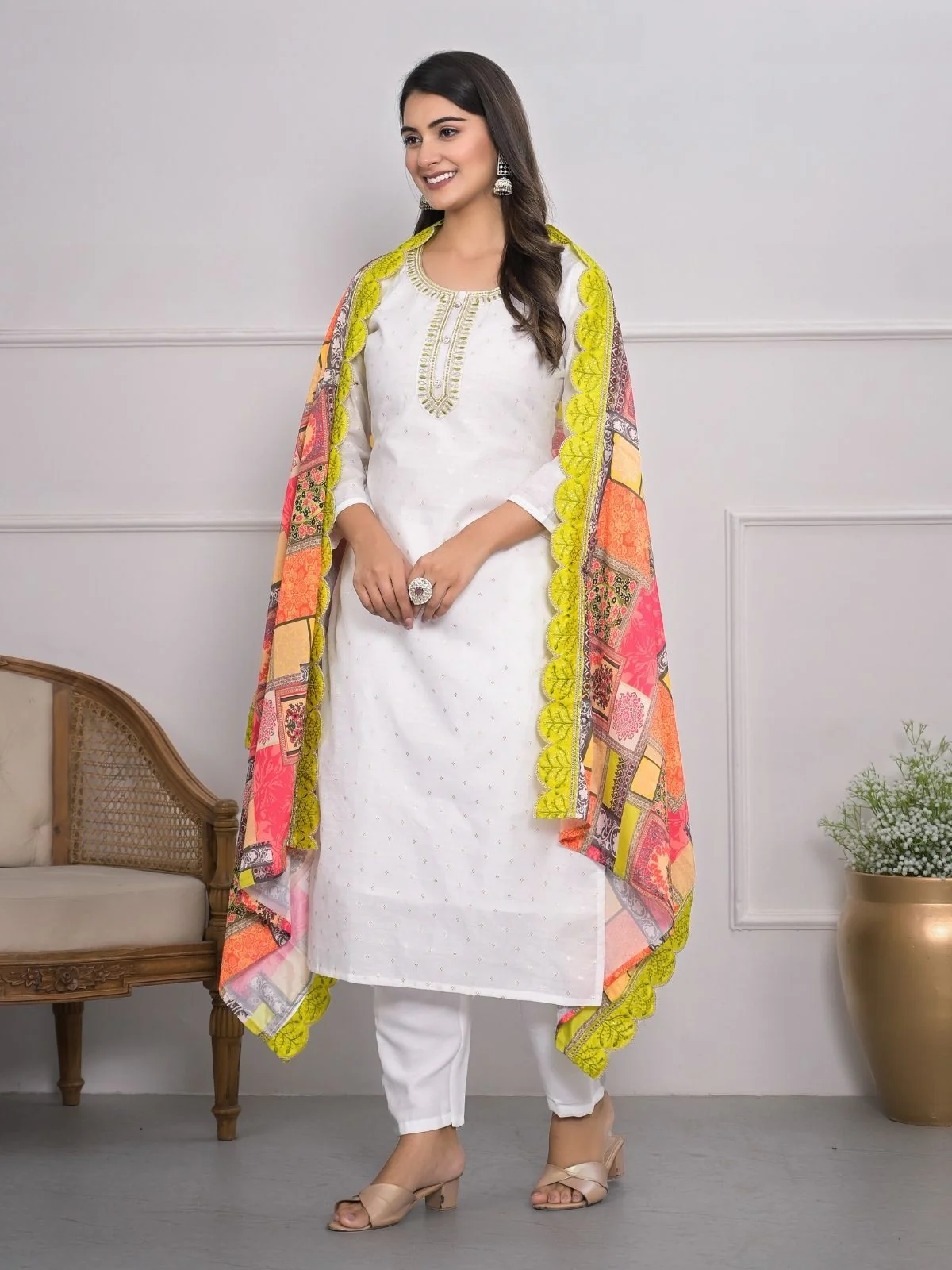 Odette White Silk Blend Embroidered Stitched Kurta Set For Women - Image 2