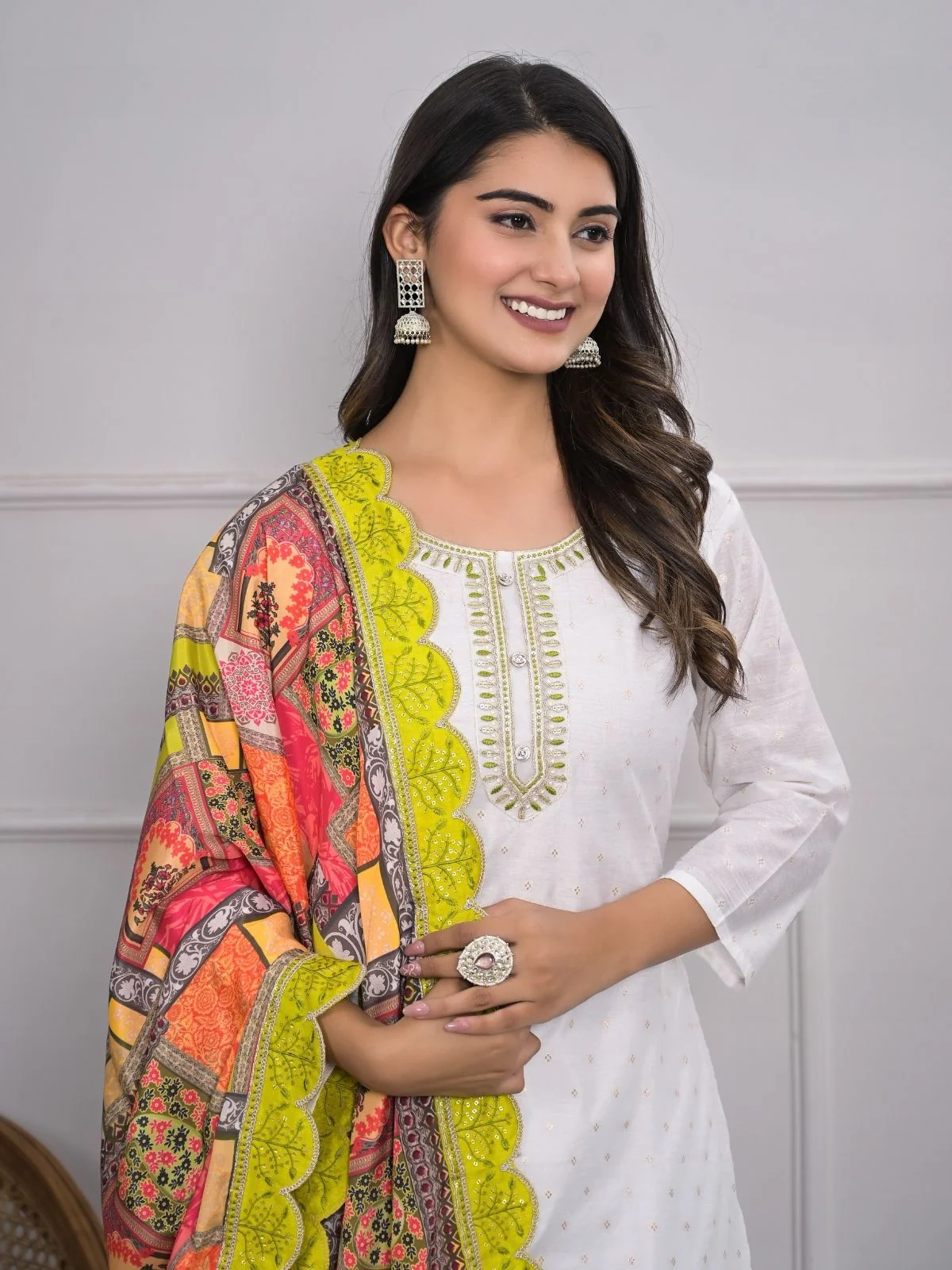 Odette White Silk Blend Embroidered Stitched Kurta Set For Women - Image 3