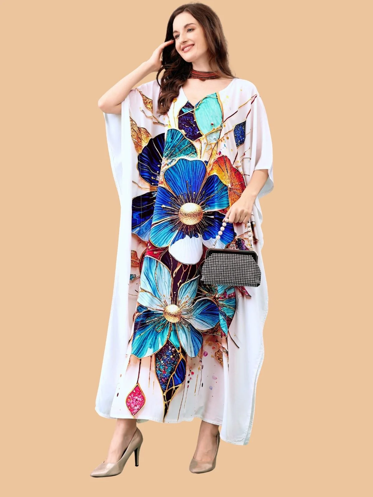 Odette White Silk Blend Printed Kaftan For Women - Image 2