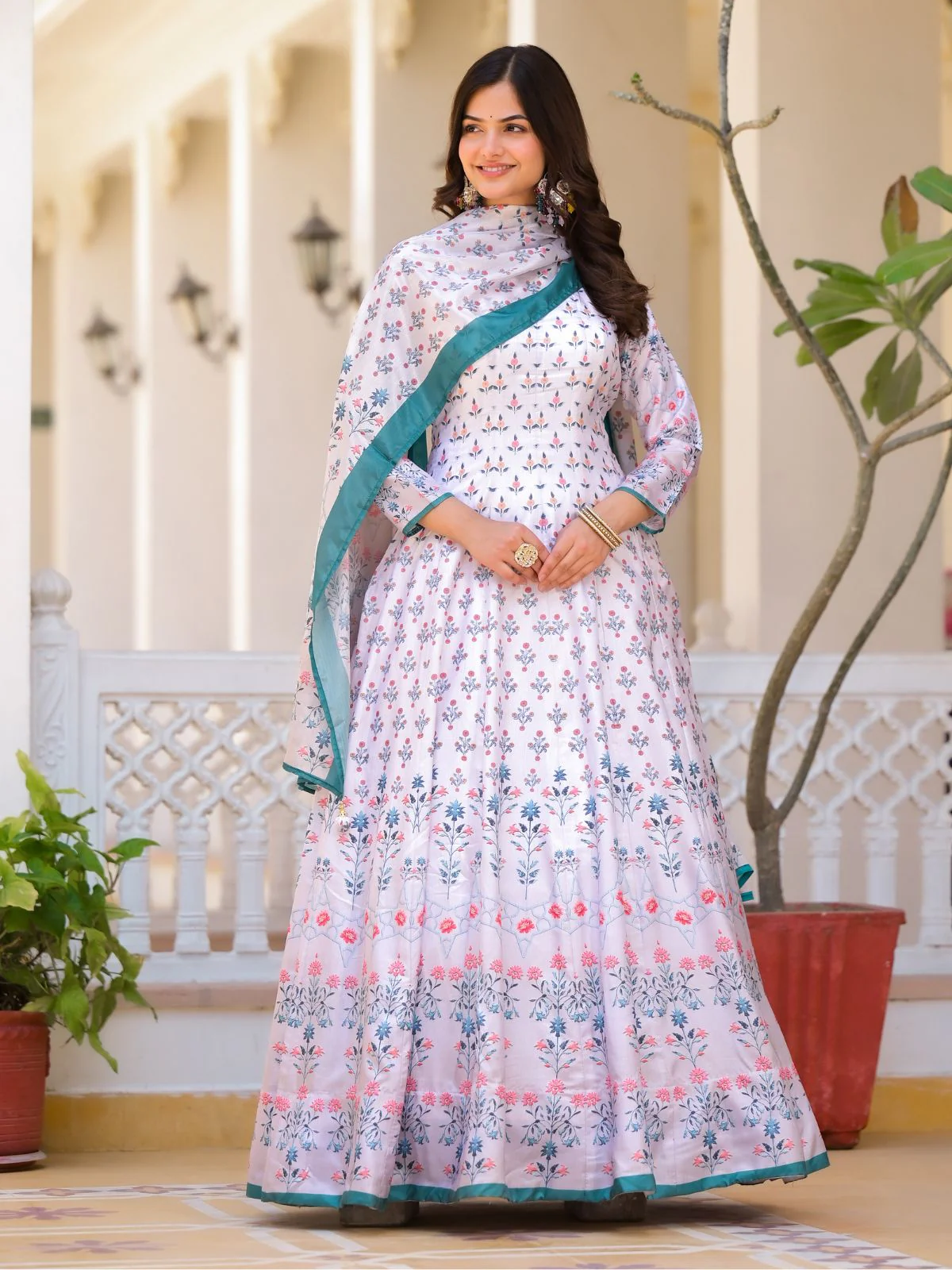 Odette White Silk Blend Printed Stitched Gown For Women - Image 2