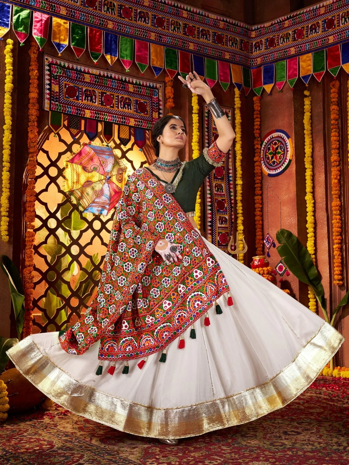 Odette White Silk Blend Semi-Stitched lehenga With Stunning Tassels For Women