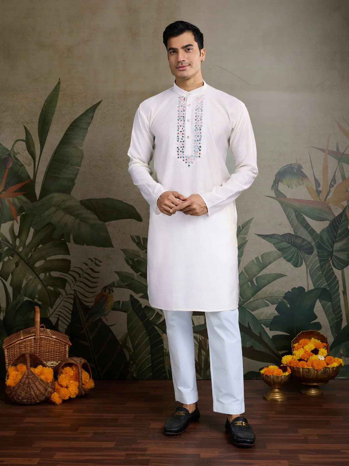 Odette White Silk Blend Embellished Kurta For Men - Image 3