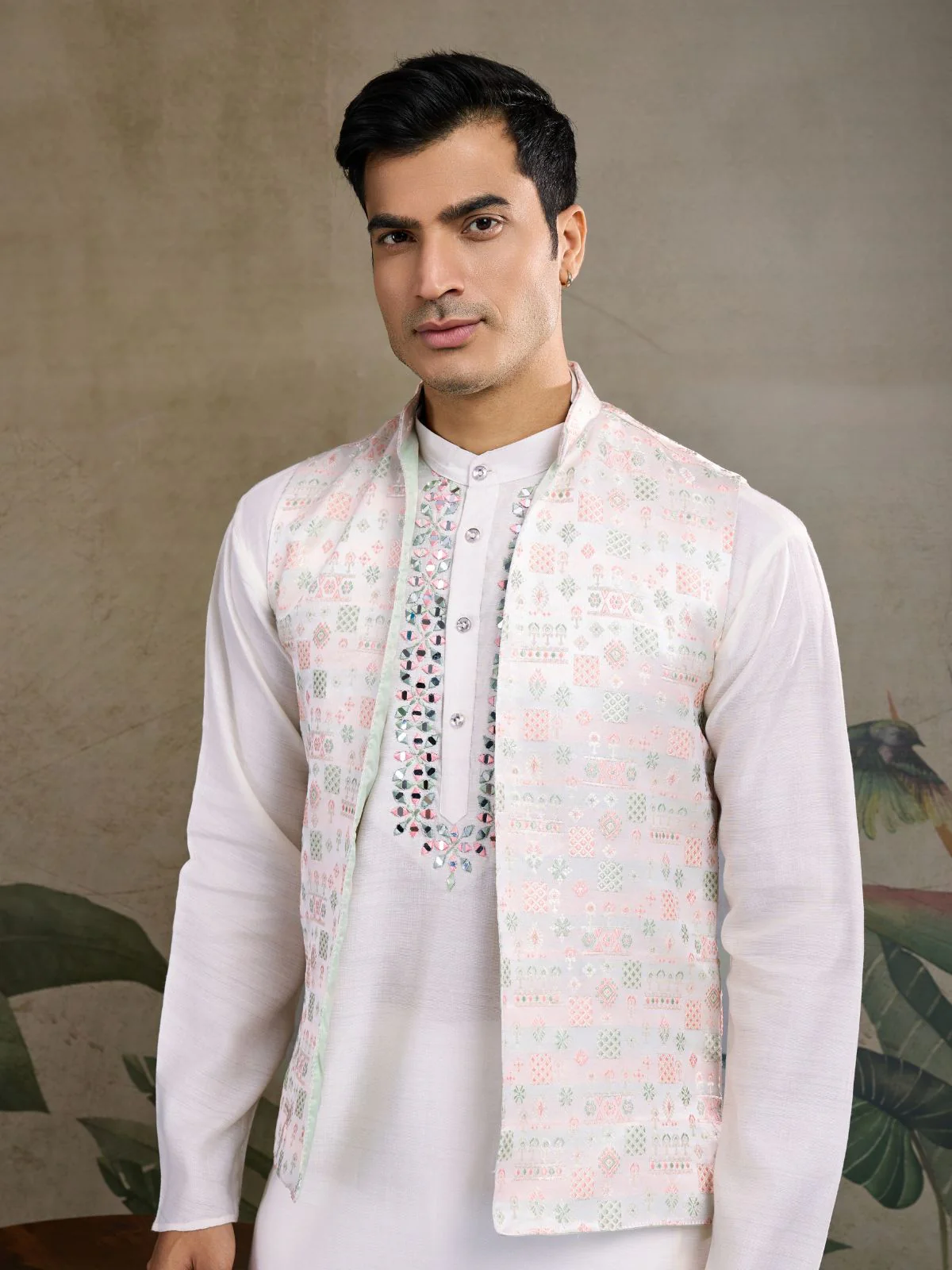 Odette White Silk Blend Embellished Kurta For Men - Image 5