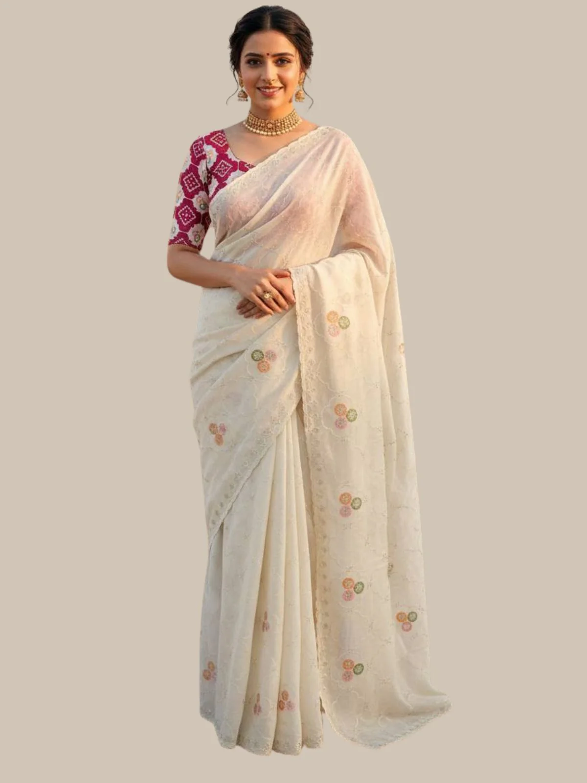 Odette White Silk Embroidered Saree For Women