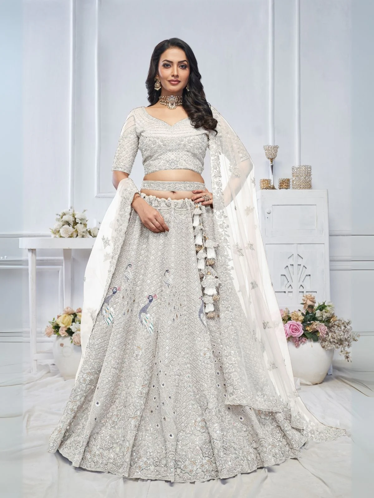 Odette White Soft Net Embellished Semi-Stitched Lehenga With Unstitched Blouse For Women