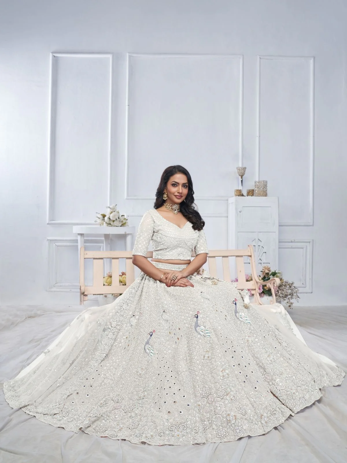 Odette White Soft Net Embellished Semi-Stitched Lehenga With Unstitched Blouse For Women - Image 3