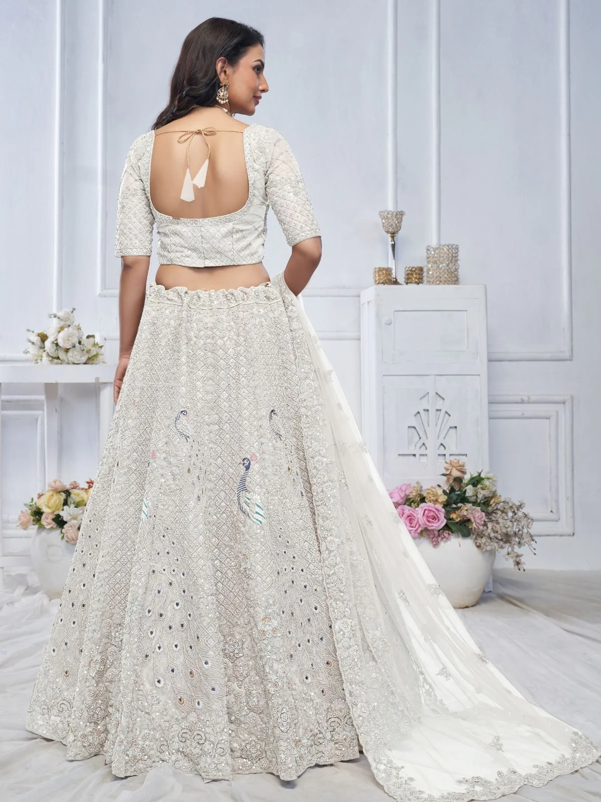 Odette White Soft Net Embellished Semi-Stitched Lehenga With Unstitched Blouse For Women - Image 5