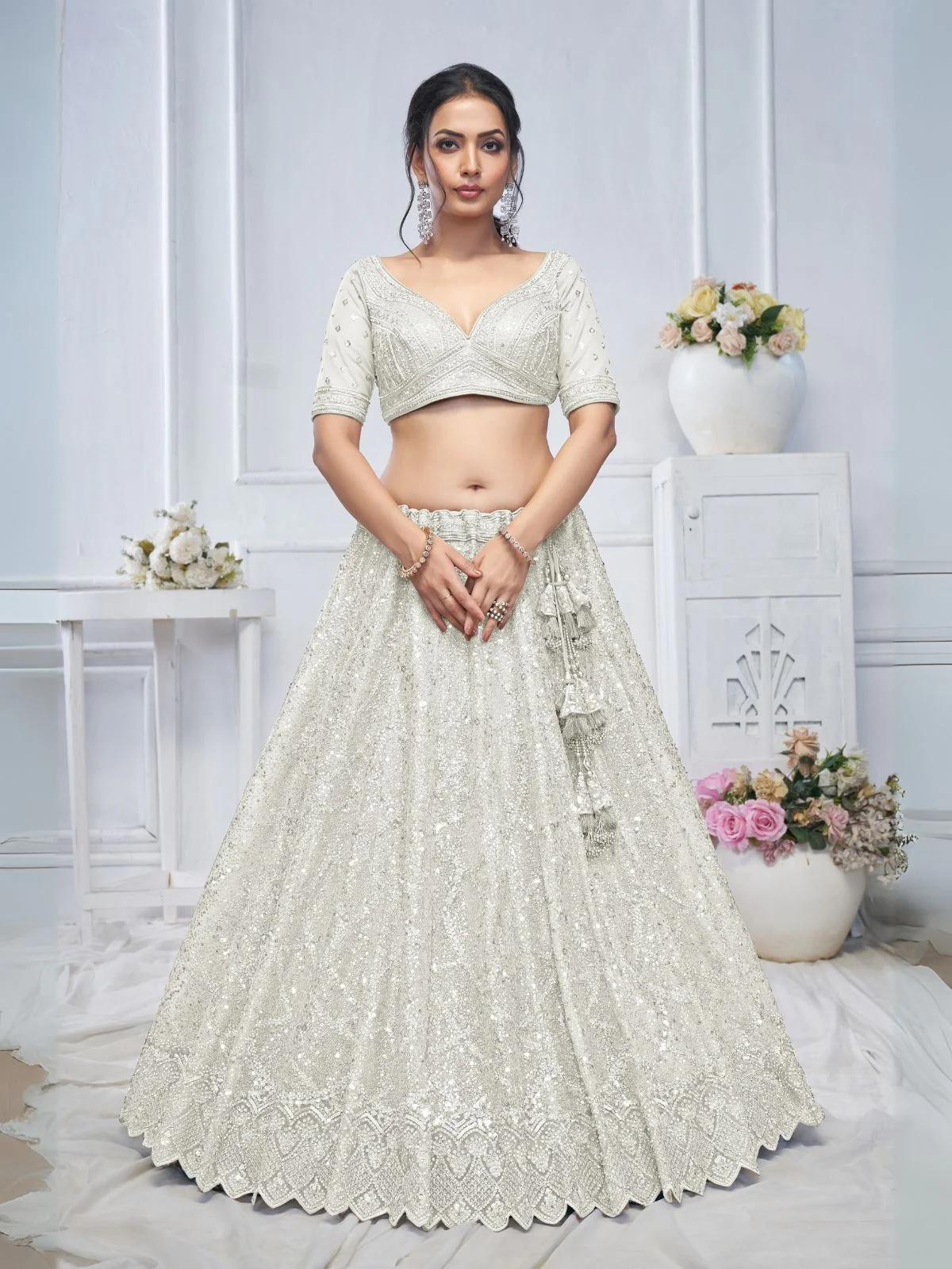 Odette White Soft Net Embellished Semi-Stitched Lehenga With Unstitched Blouse For Women - Image 2