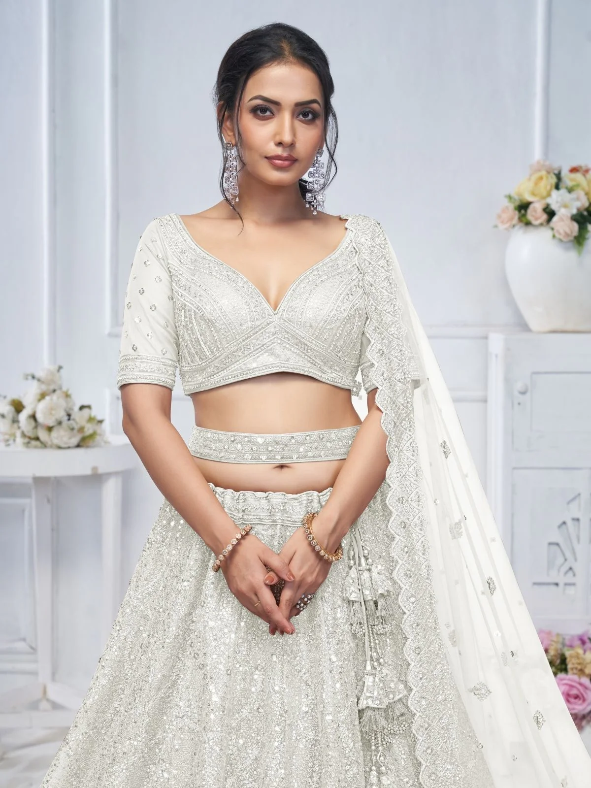 Odette White Soft Net Embellished Semi-Stitched Lehenga With Unstitched Blouse For Women - Image 4