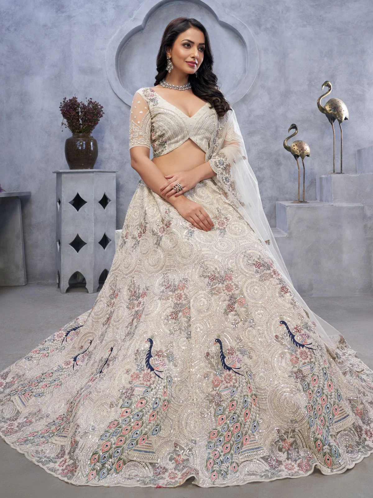 Odette White Soft Net Embellished Semi-Stitched Lehenga With Unstitched Blouse For Women - Image 2