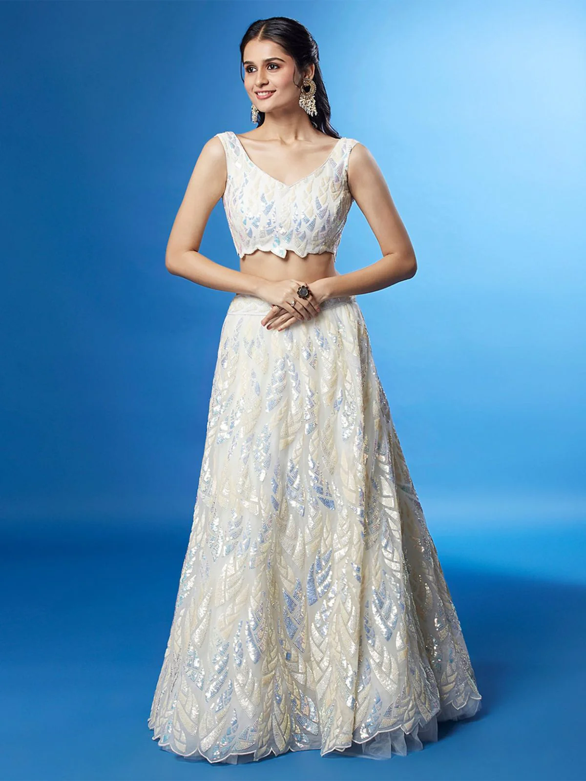 Odette White Soft Net Embellished Semi Stitched Lehenga With Unstitched Blouse For Women - Image 3