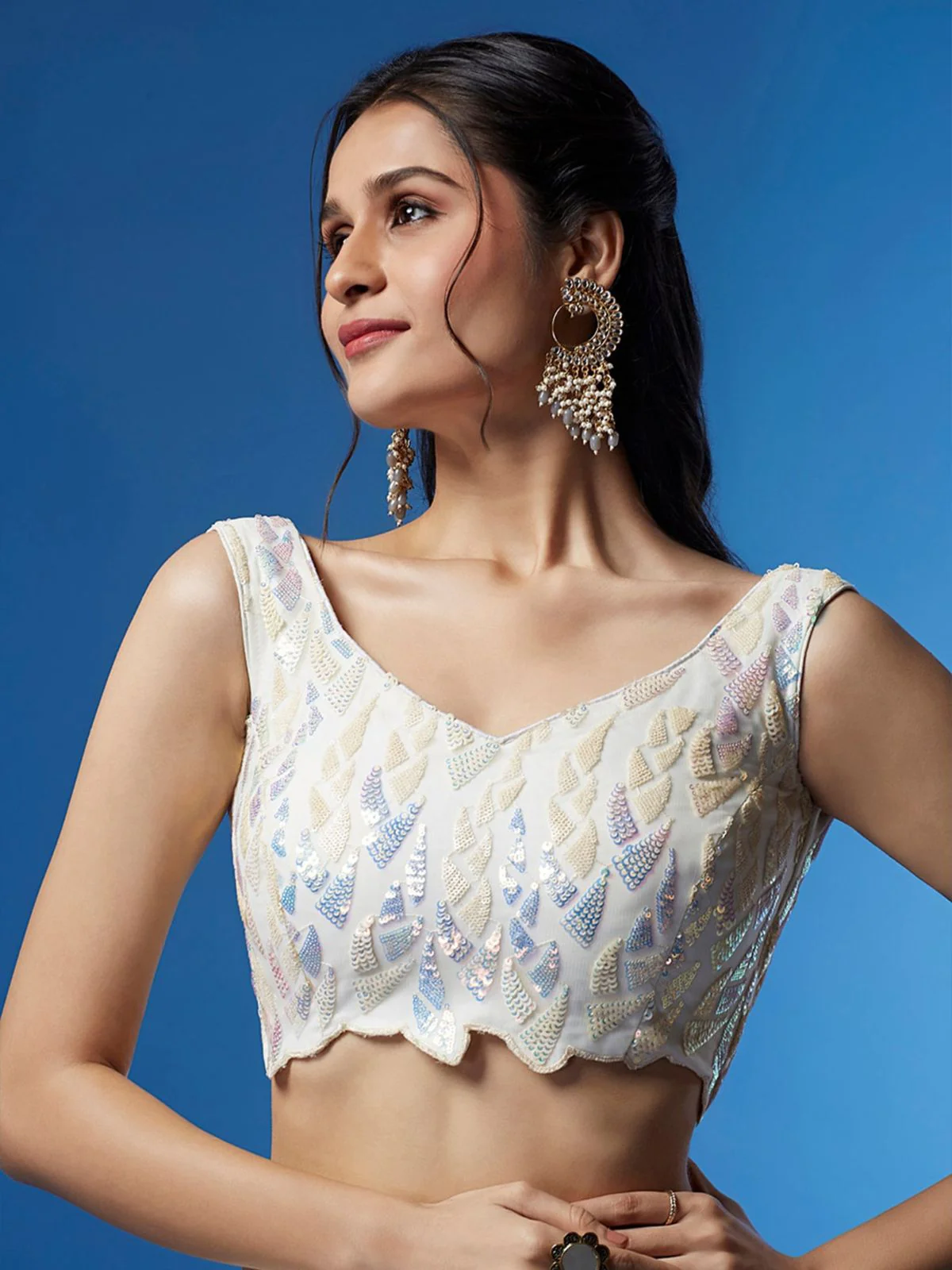 Odette White Soft Net Embellished Semi Stitched Lehenga With Unstitched Blouse For Women - Image 5