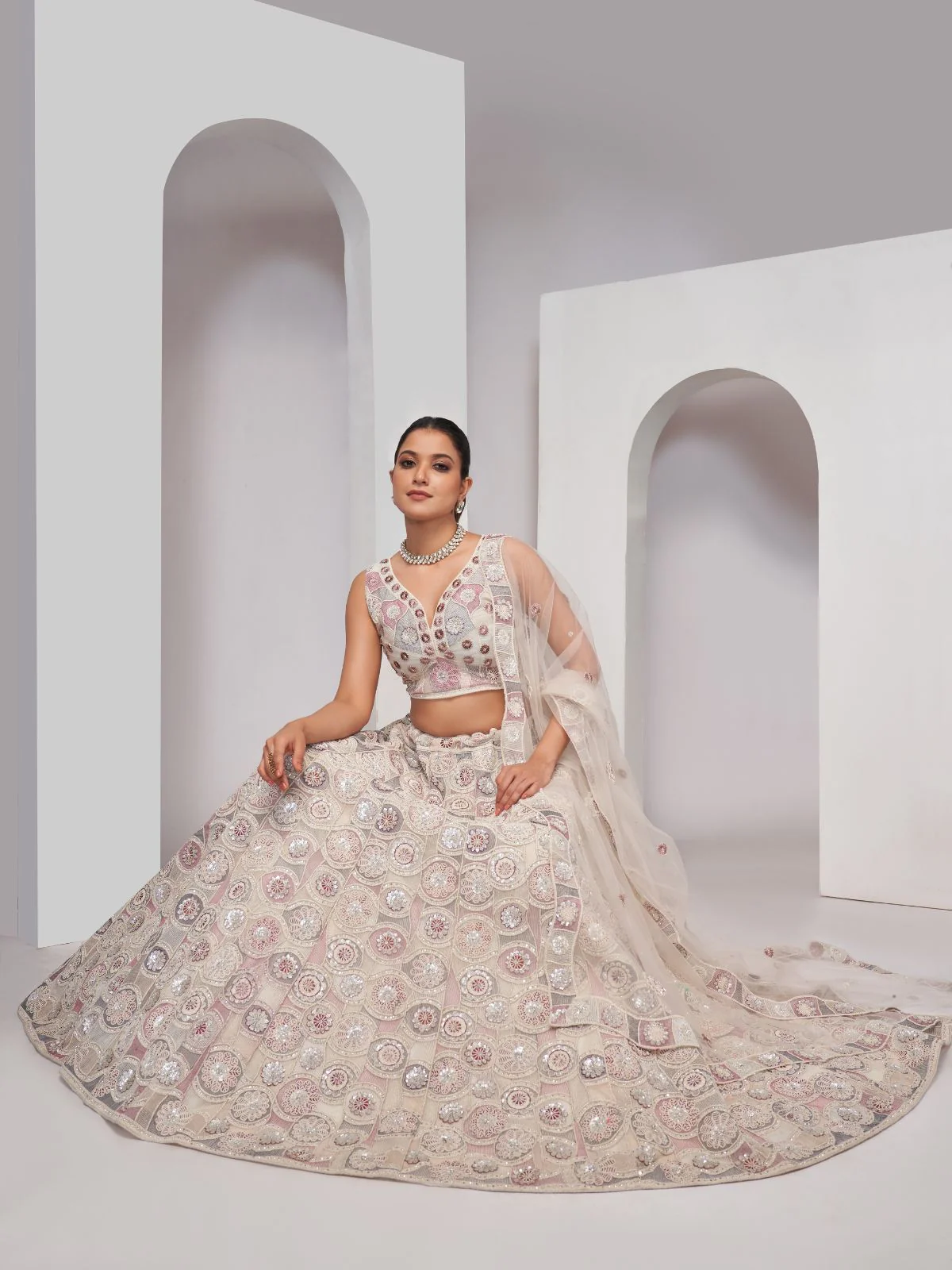 Odette White Soft Net Embroidered Semi Stitched Lehenga With Unstitched Blouse For Women - Image 2