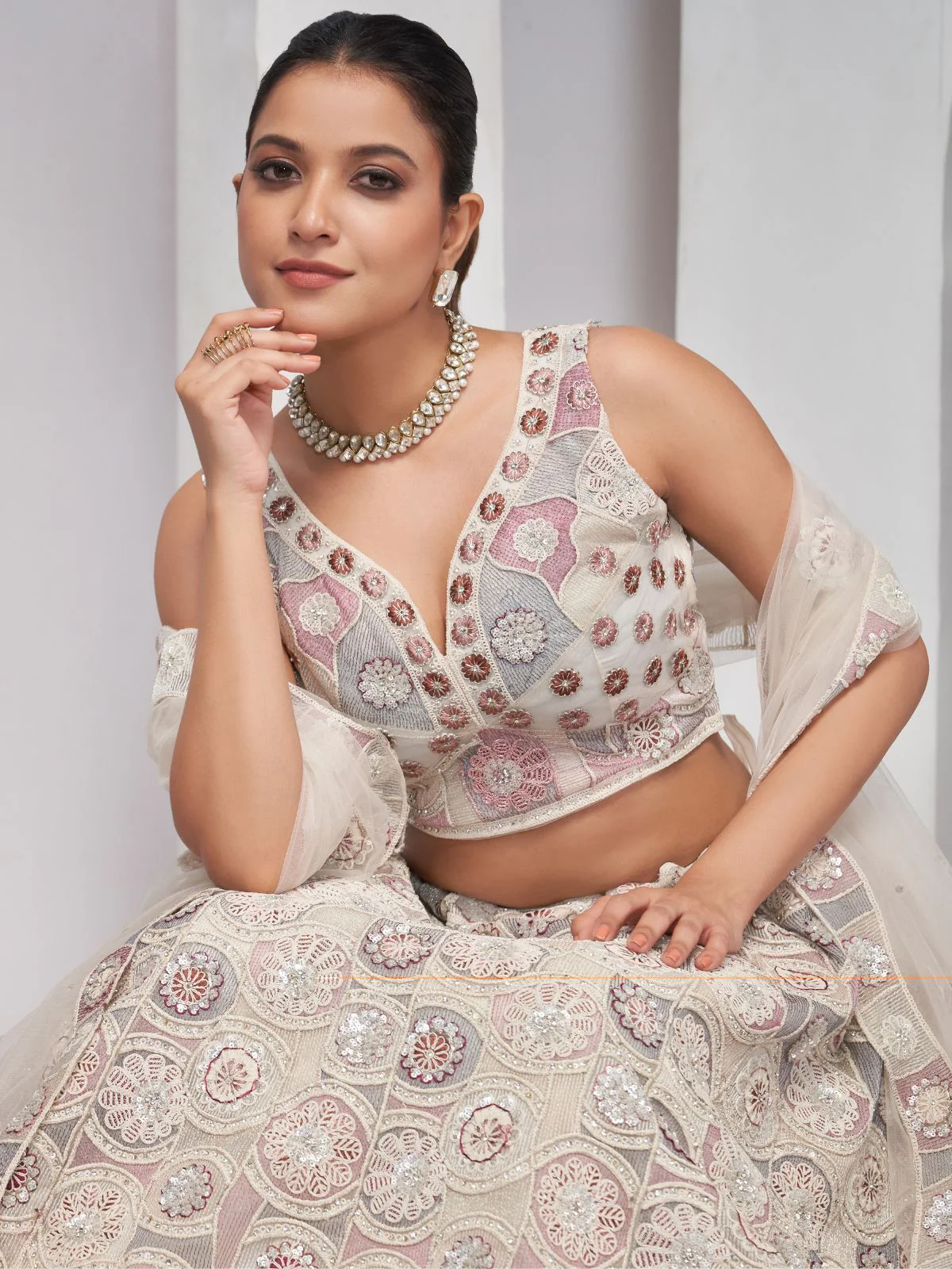 Odette White Soft Net Embroidered Semi Stitched Lehenga With Unstitched Blouse For Women - Image 4