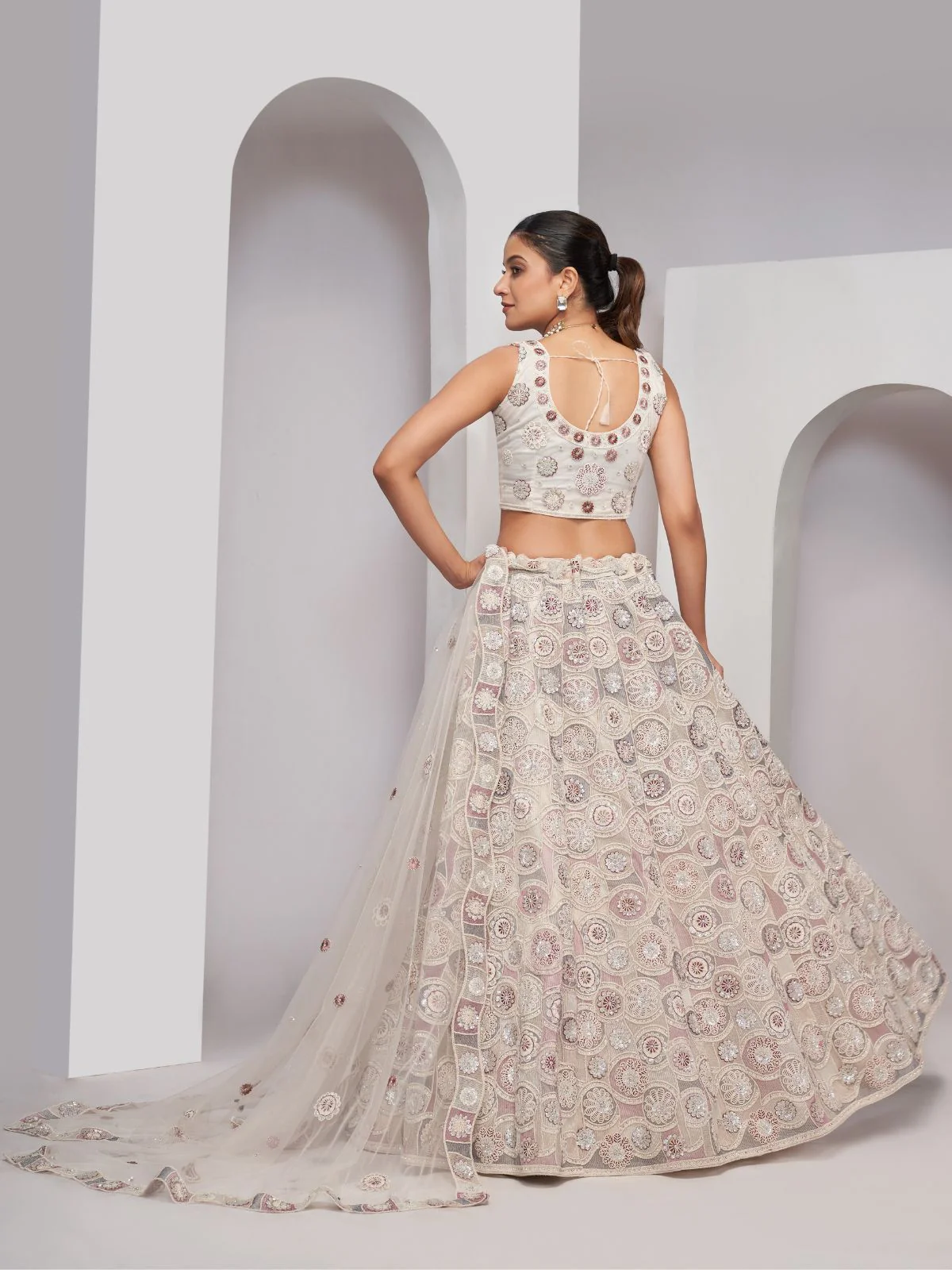 Odette White Soft Net Embroidered Semi Stitched Lehenga With Unstitched Blouse For Women - Image 5