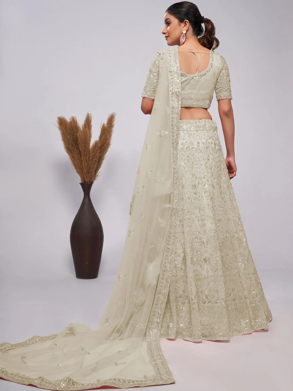 Odette White Soft Net Embroidered Semi Stitched Lehenga With Unstitched Blouse For Women - Image 5
